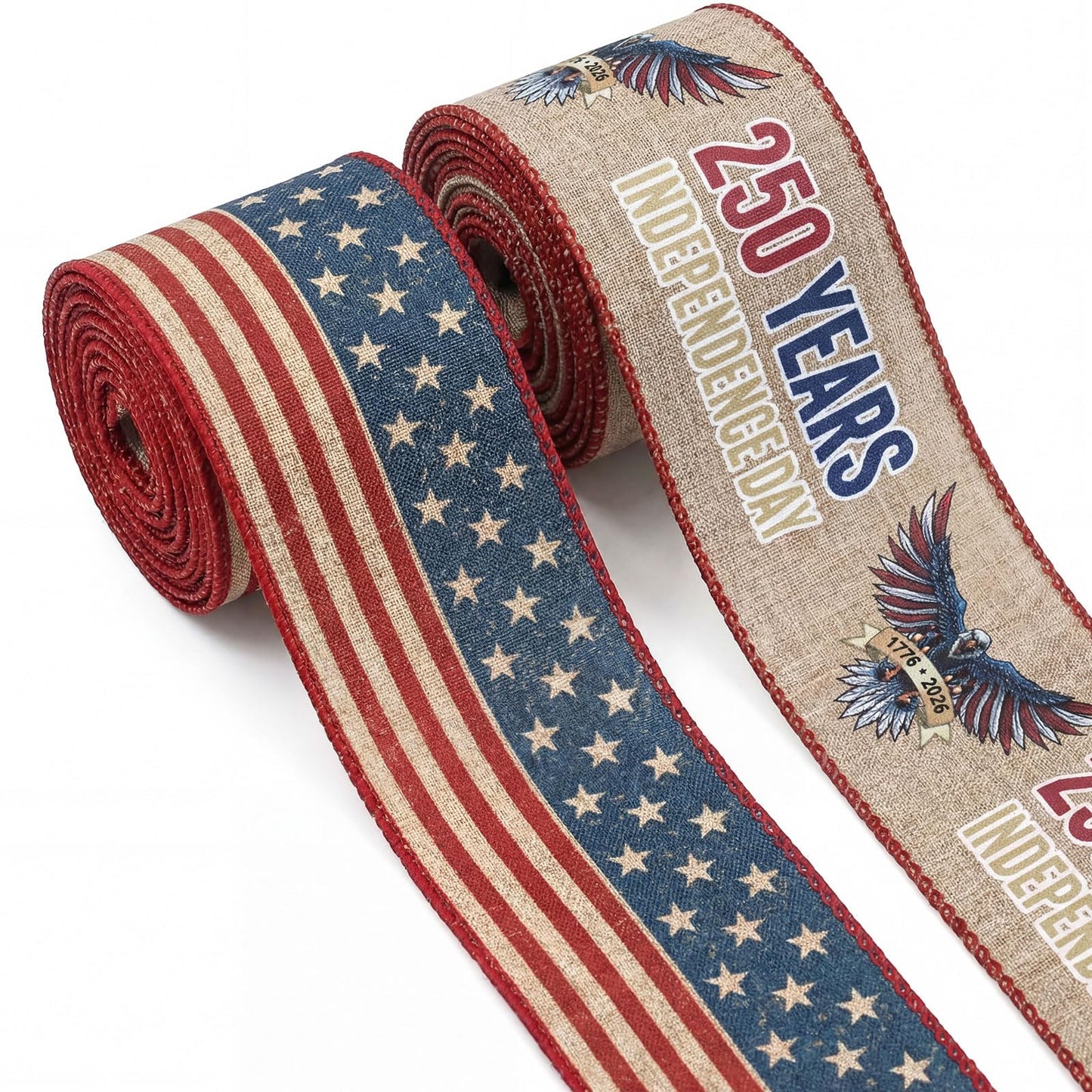 Bllavie 2 Rolls USA 250th Anniversary Ribbons for Wreath Bows Gifts, Red Blue Star Burlap Ribbons Patriotic Ribbon 4th of July Memorial Day Ribbon Bow for Gift Wrapping DIY Crafts Wreath Decor