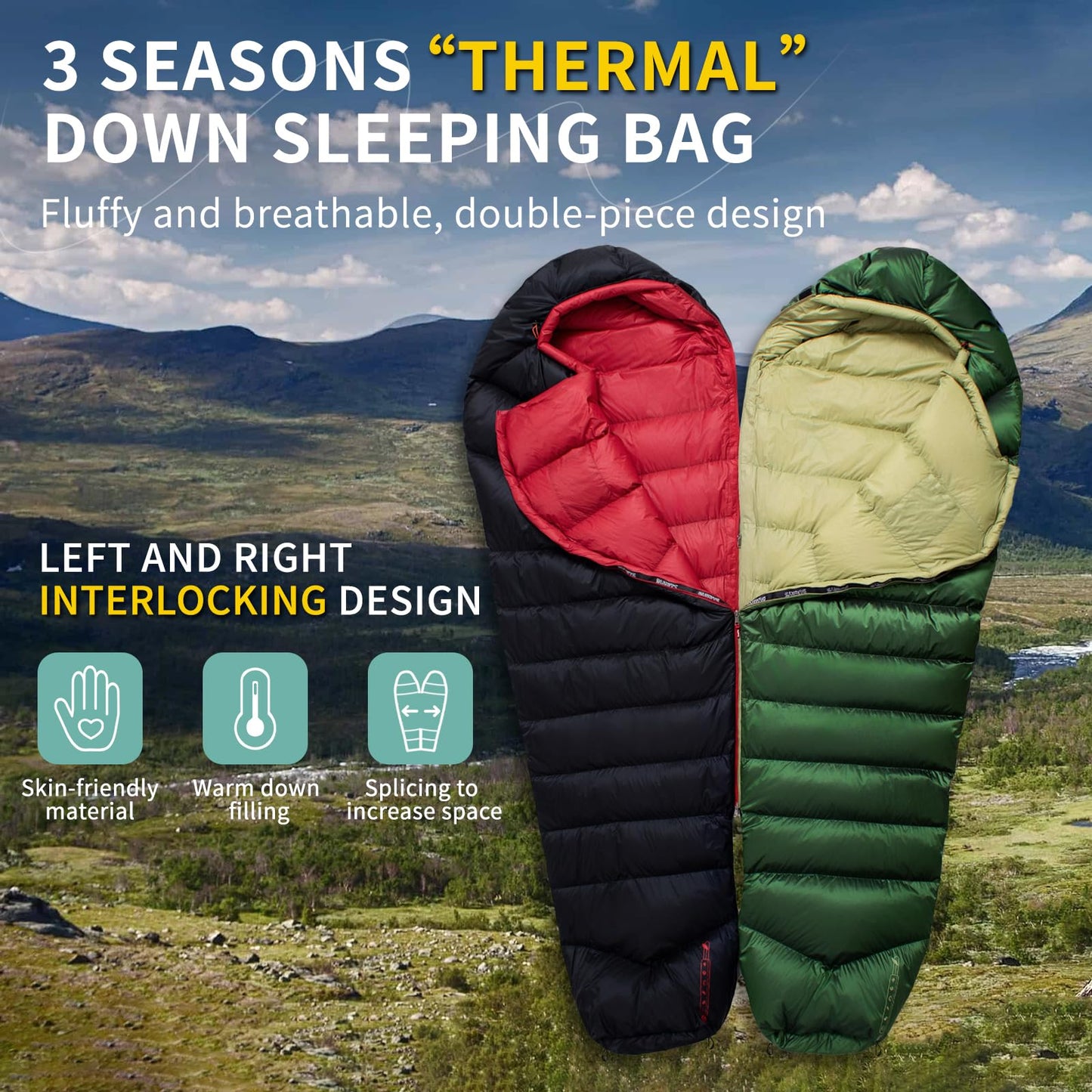 BUERTS Down Sleeping Bag for Adult Backpacking Trips, 620FP, Cold Weather Sleeping Bag, 20°F, 40°F, 60°F. Mummy-Style for Hiking, Camping, and Mountaineering. Compact .(44℉ to 60℉, Green)