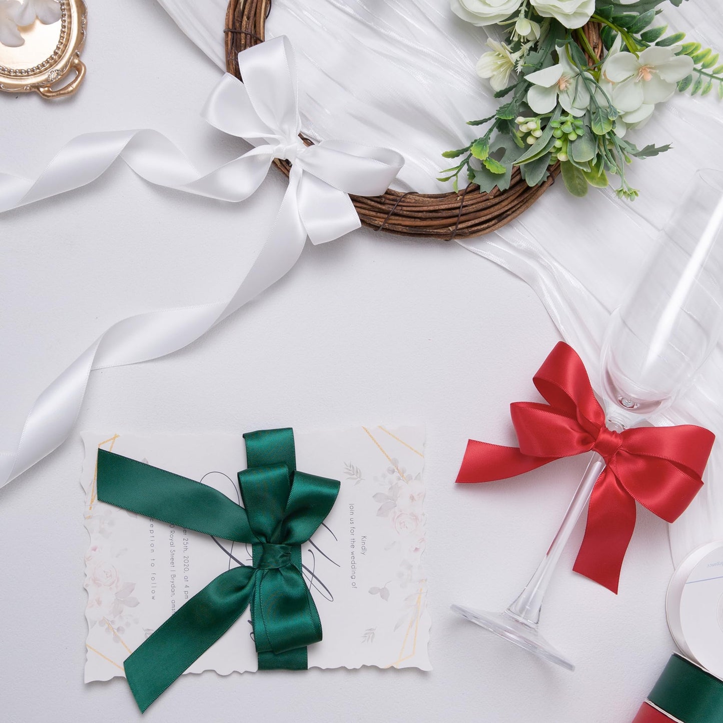 QIANF Red/Dark Green/White Double Face Satin Ribbon 1 Inch x 45 Yards Fabric Ribbon for Gift Wrapping, Flower Bouquets, Hair Bows Making, Wedding Decoration, Christmas (3 Rolls *15Yd)