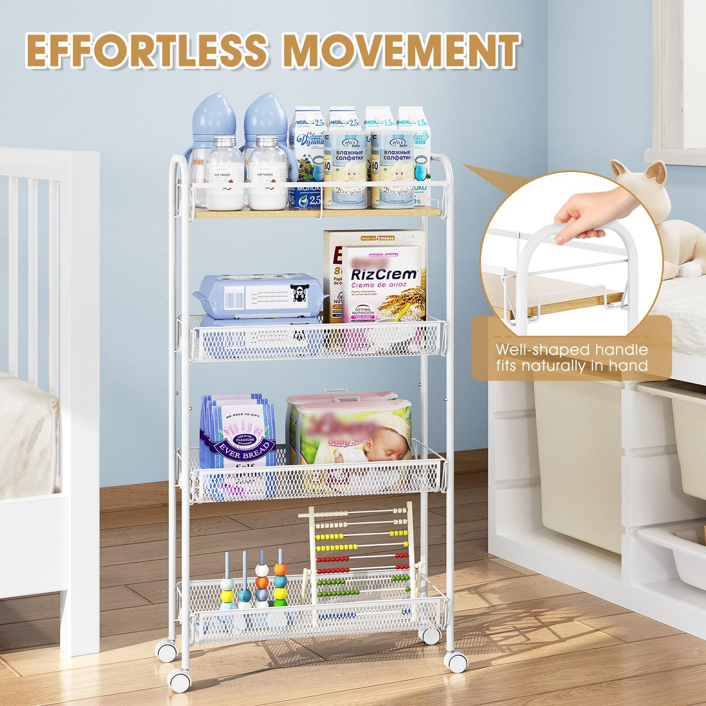 TOOLF 4-Tier Slim Rolling Cart, Metal Utility Cart, Slide Out Storage Cart with Wooden Tabletop and Mesh Baskets for Narrow Space on Kitchen Bathroom Laundry Room Bedroom Apartments Dormitory