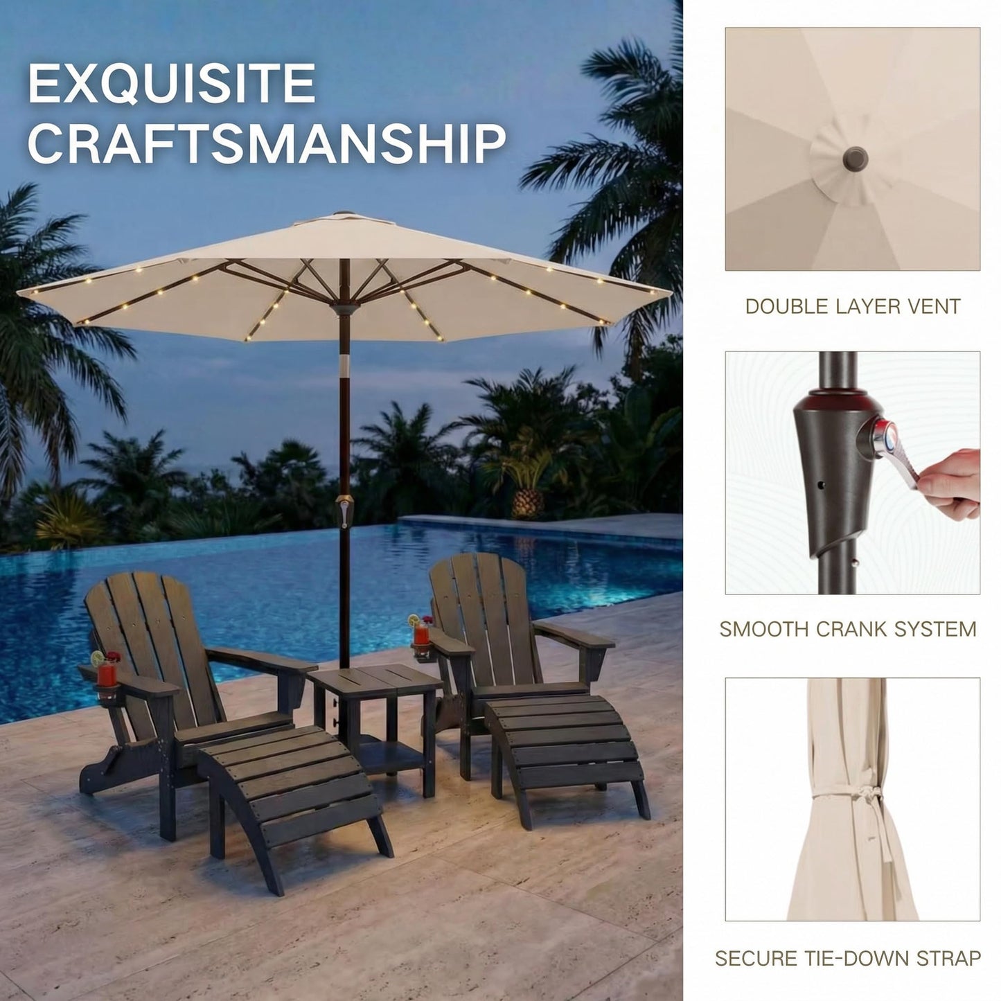 Kingdura 9FT Outdoor Patio Umbrella with Solar Lights, Market Table Umbrella with Push Button Tilt & Crank, 8 Sturdy Ribs, 32 LED Lights, UV Protection for Garden Lawn Deck Backyard Pool (Beige)