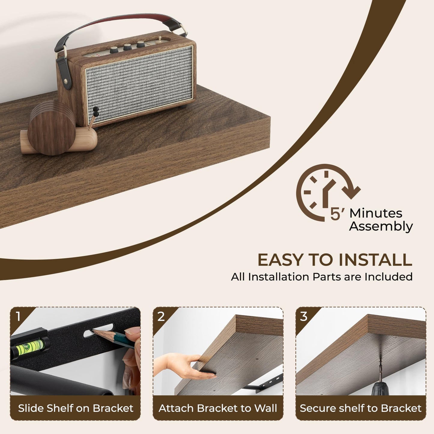 RICHFOCUS 72Inch Floating Shelves for Wall 2 Pack Shelves for Bedroom|Kitchen|Bathroom Wall Mounted Rustic Wood Floating Shelf with Invisible Brackets for Books|Storage|Decor, Walnut