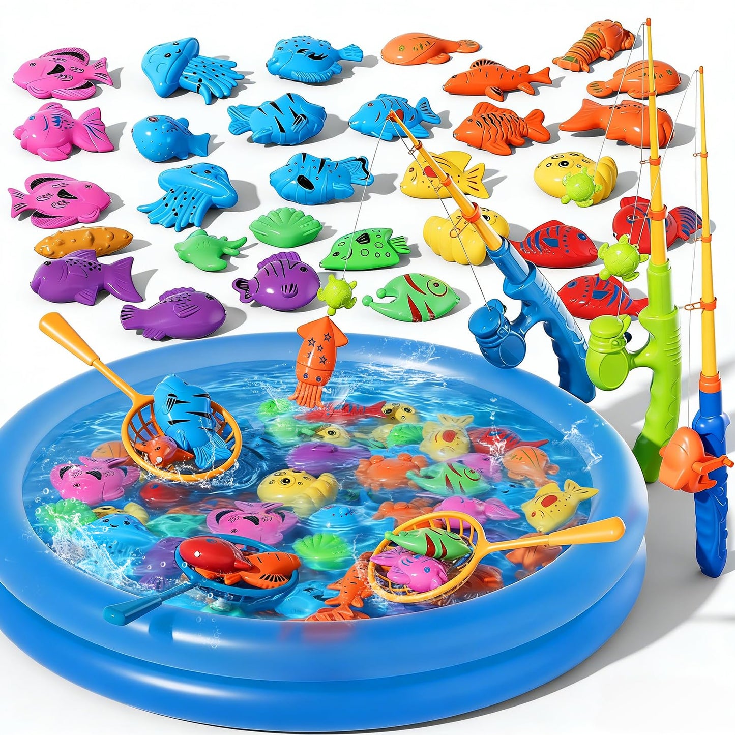 BLmukce Magnetic Fishing Game Toys with Inflatable Pool for Toddlers 1-3 3-5, Kids Bathtub Pool Water Table Toys, Birthday for 2 3 4 5 6 Year Old Boys Girls