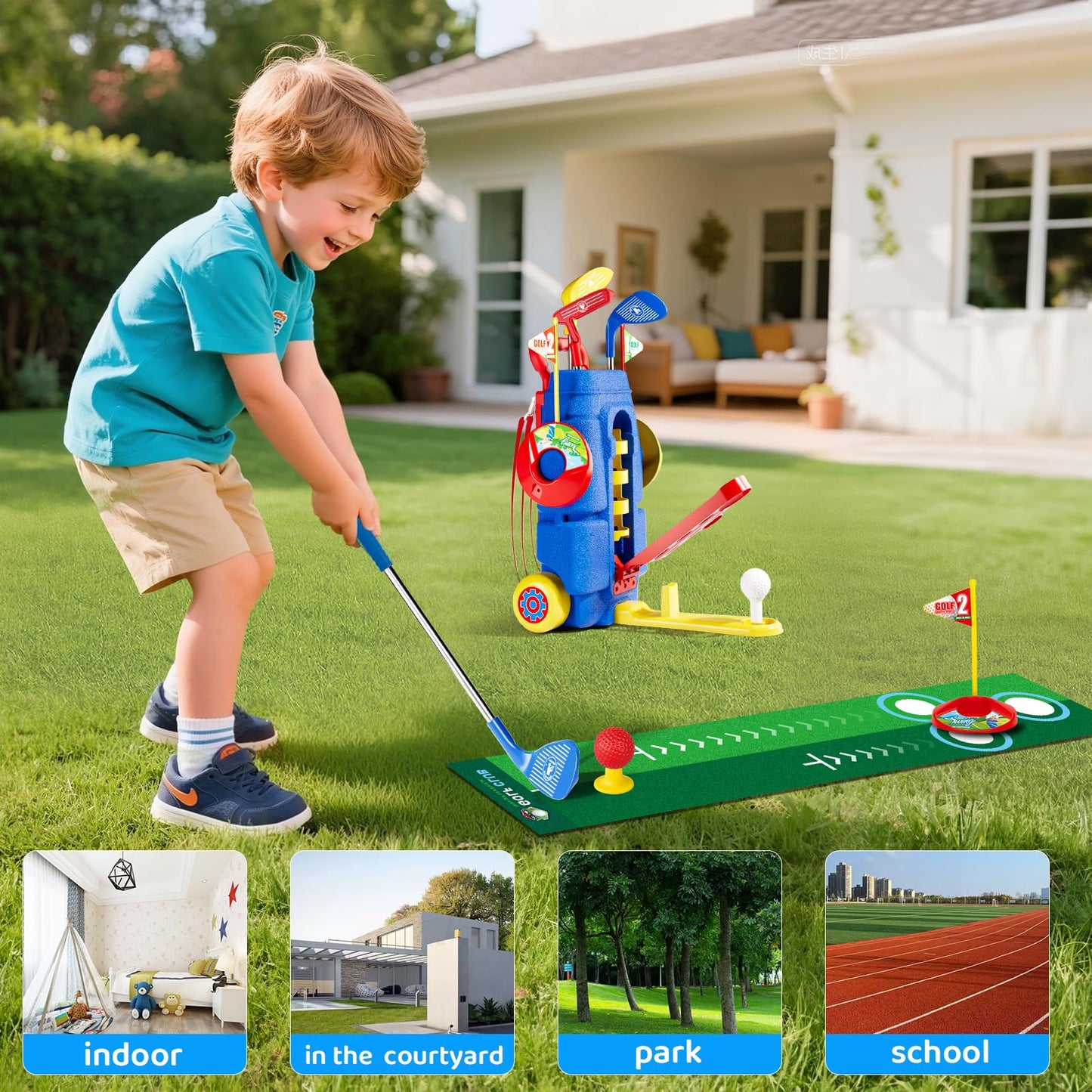 Kids Golf Clubs Set, Toddler Golf Toys With 8 Balls 3 Golf Clubs 1 Cornhole Board Putting Mat, Indoor Outdoor Sports Game, Upgraded Golf Cart And Shoulder Strap, Mini Golf Kit Gift For Boys Girls 3+
