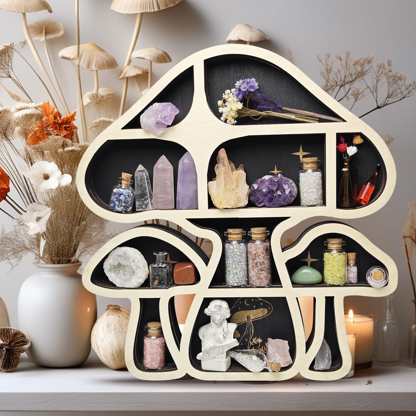 FNYDOX Wooden Mushroom Floating Shelves, Crystal Display Shelf for Wall, Cute Mushroom Wall Decor, Rock Gem Stone Storage Organizer, Essential Oil Holder Hanging Case, Meditation Art Spiritual Gift