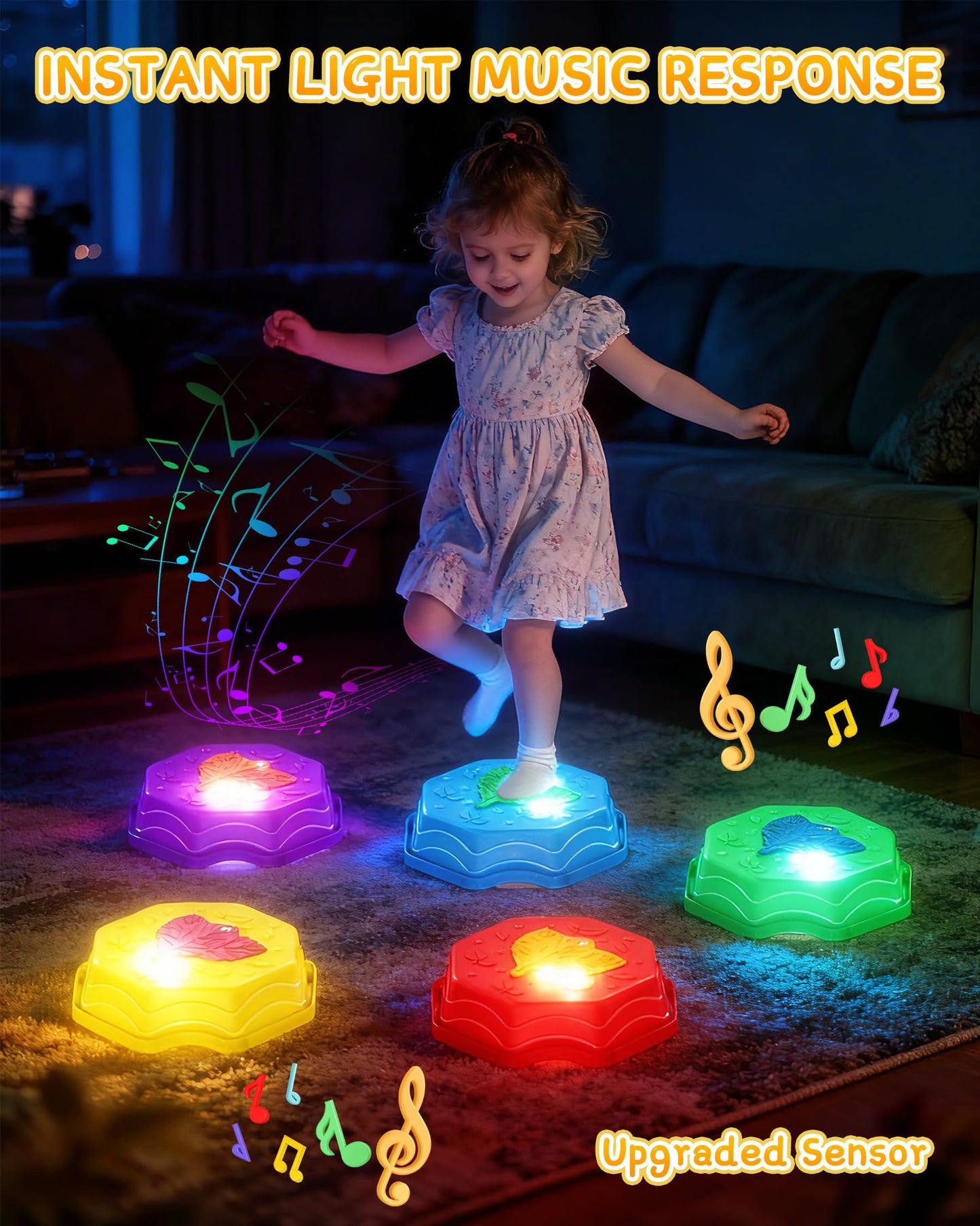 kenvc Stepping Stones for Kids, Light Up Musical Balance Beam and Non-Slip Toddler Balance Stones, Toddler Indoor or Outdoor Play Obstacle Course, Sensory Toys Play for Family Active Kids Ages 3+