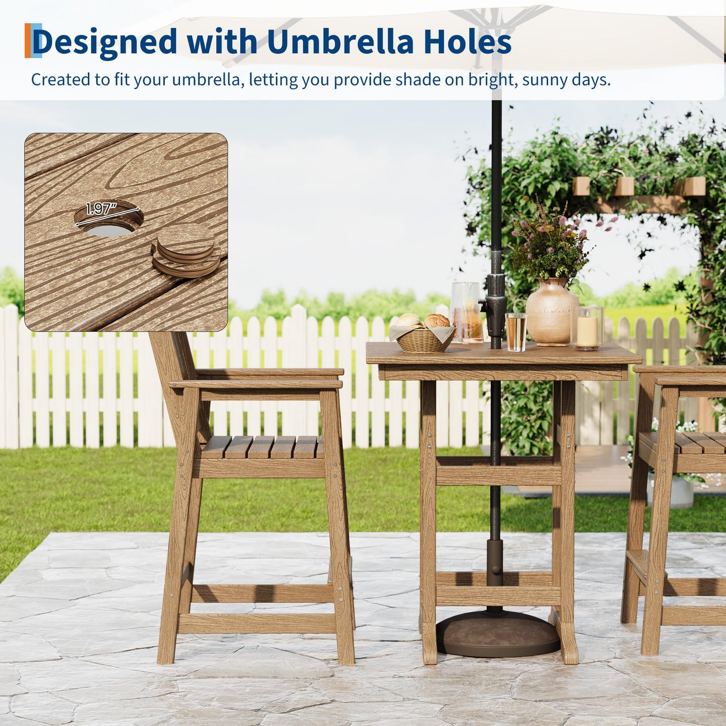 Garvee 3-Piece Outdoor Adirondack Bar Set, Patio Bar Table with 2 Bar Chairs, HDPE All-Weather Patio Bar Furniture Set with Umbrella Hole, for Balcony, Backyard, Poolside, Bistro
