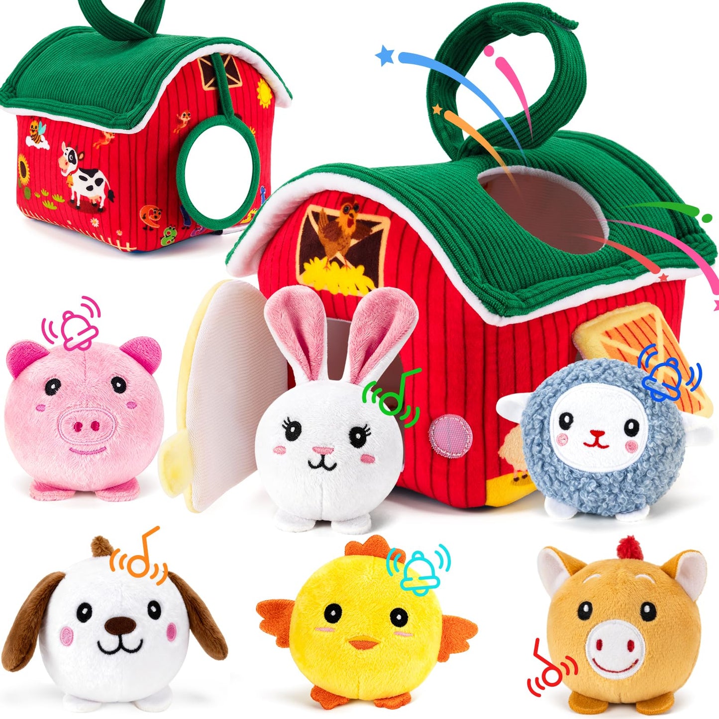 NECTAR BABY Soft Baby Sensory Toys - First Surprise Barn with 6 Stuffed Farm Animals - Rattles, Crinkles, Squeak, Mirror - Montessori Toys for 6-12 Months Infant & 1-3 Years Toddler Gifts & Travel Toy