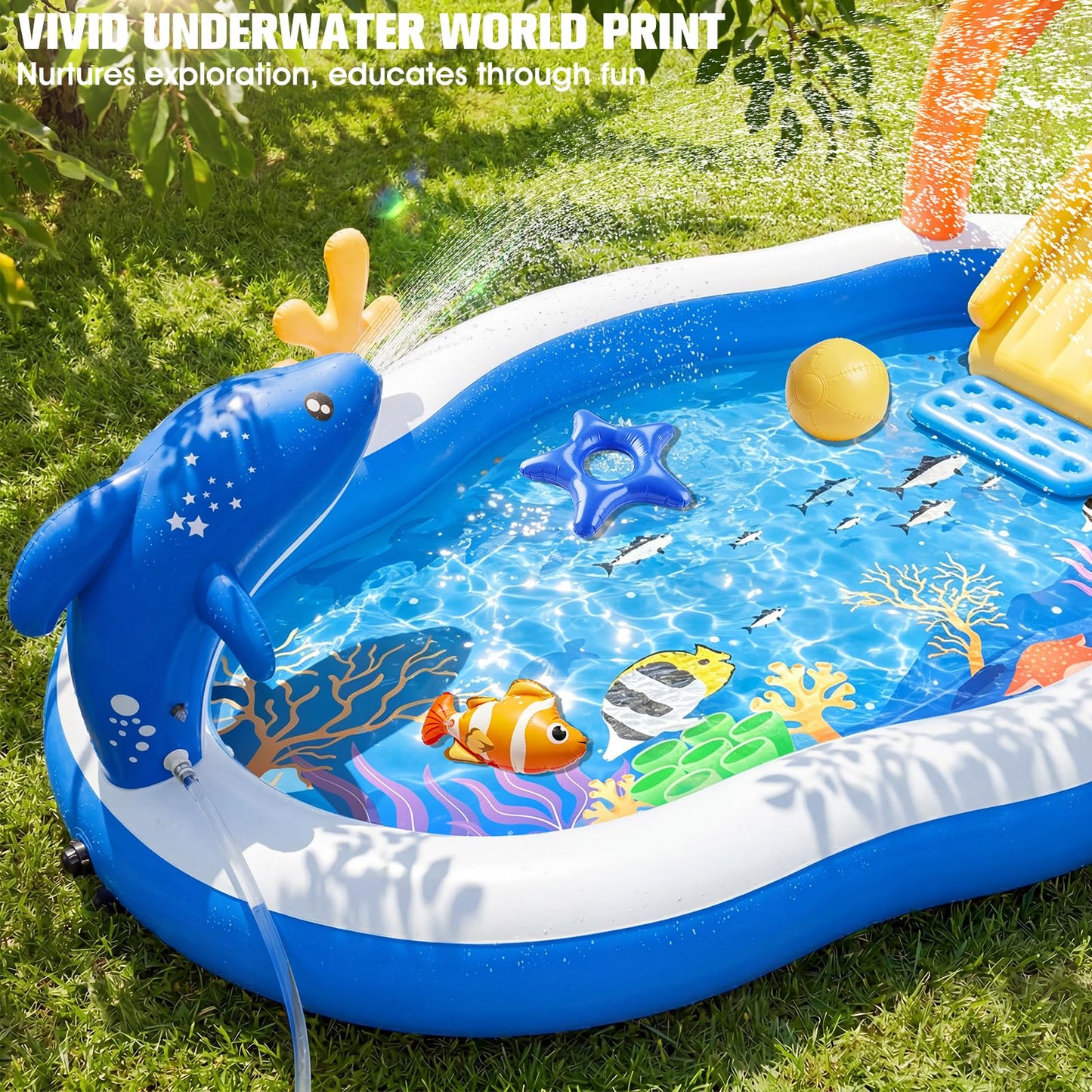 LuxPool 2026 Large Inflatable Play Center,Toddler Pool with Water Slide&Sprinkler,110"x70"x50"Inflatable Kiddie Pool with Slide,Backyard Kids Water Slide,Blow-Up Splash Pad for Toddlers