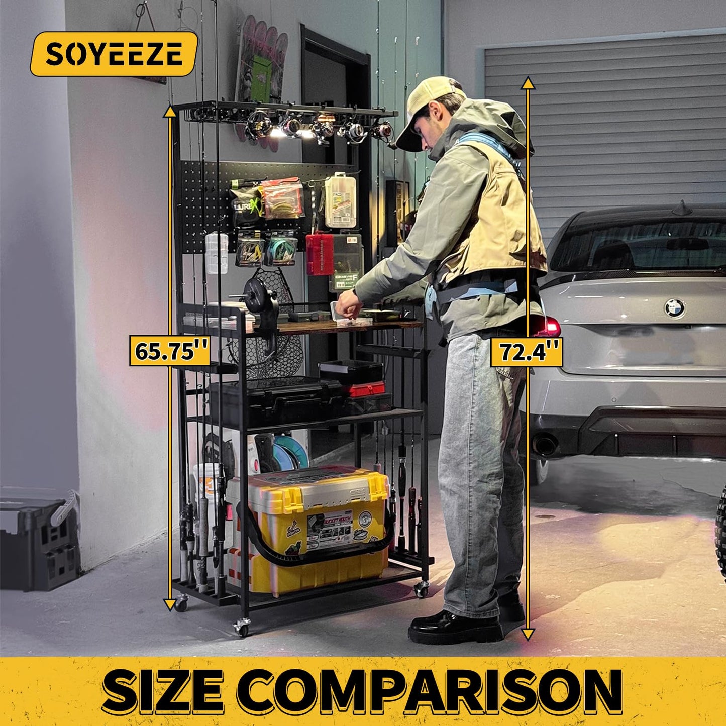 SOYEEZE Fishing Rod Holders for Garage,Fishing Gear Holder for Fishing Rod Tackle Box Storage，Fishing Pole Holders for 12 Rods with Hooks and Pegboard,Fishing Cart with Reel Rack
