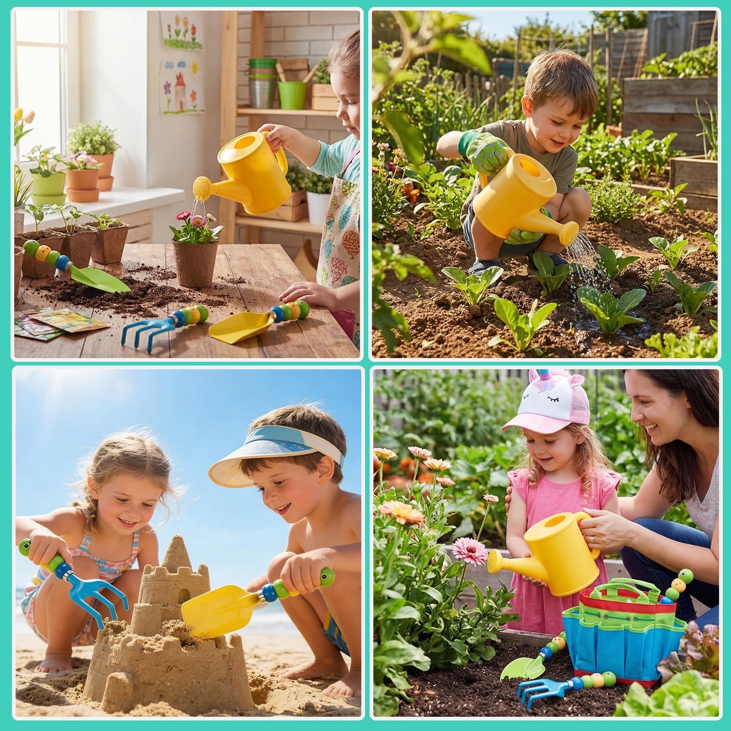 FITNATE Green Kids Garden Tools Set,6 PCS Gardening Tools for Kids Including Watering Can, Shovel, Rake, Fork, Children Gardening Gloves and Garden Tote Bag, All in One Set
