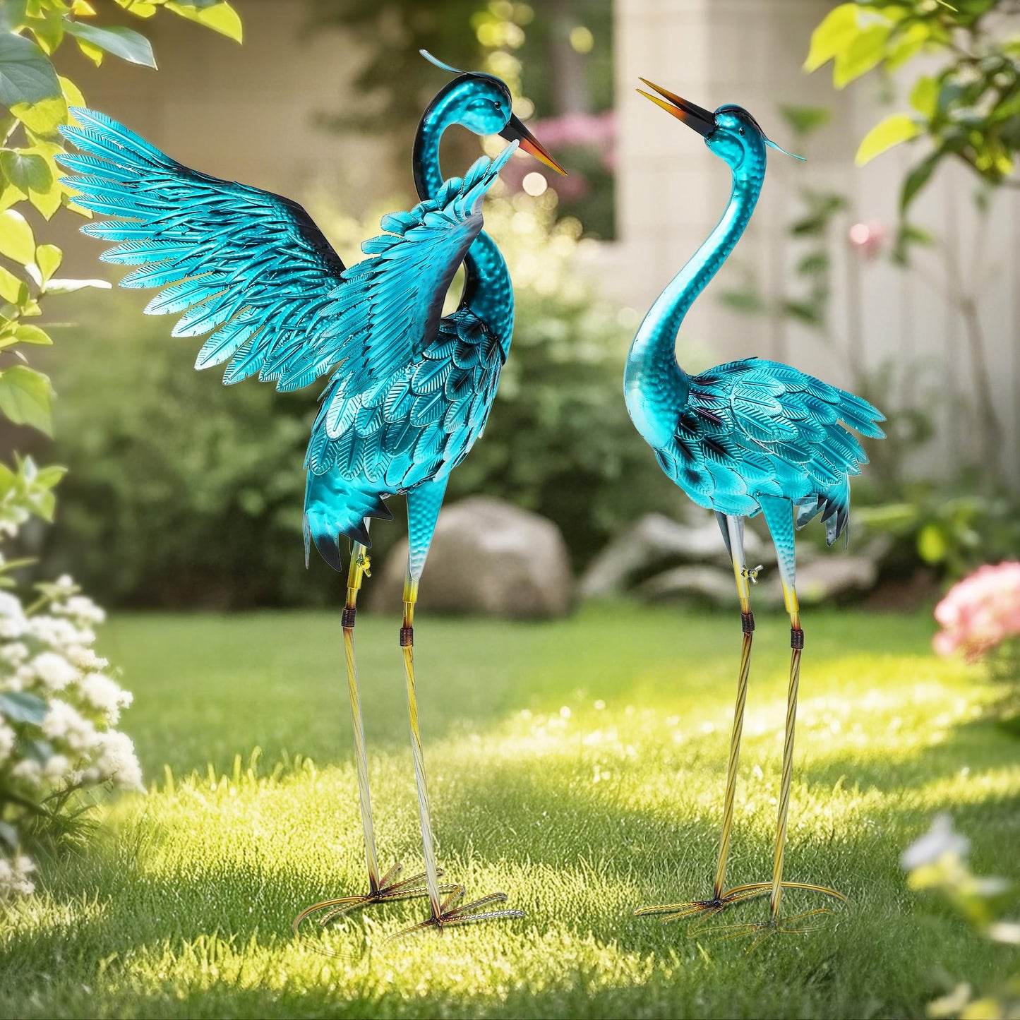 Autodaya 36.75" Metal Crane Garden Statue, Handcrafted Oversized Blue Heron Decor Sculptures with Stable U-Ground Stakes, Backyard Decoration, Metal Garden Bird Animal Yard Art, Lawn Ornament Decor
