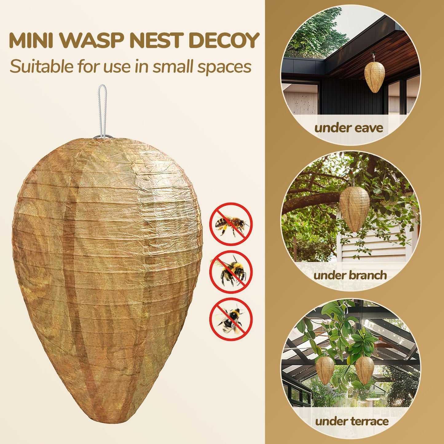 DECYOOL Mini Size Paper Wasp Nest Decoy Hanging Fake Wasp Nest for Wasps Hornets Yellow Jackets (4)