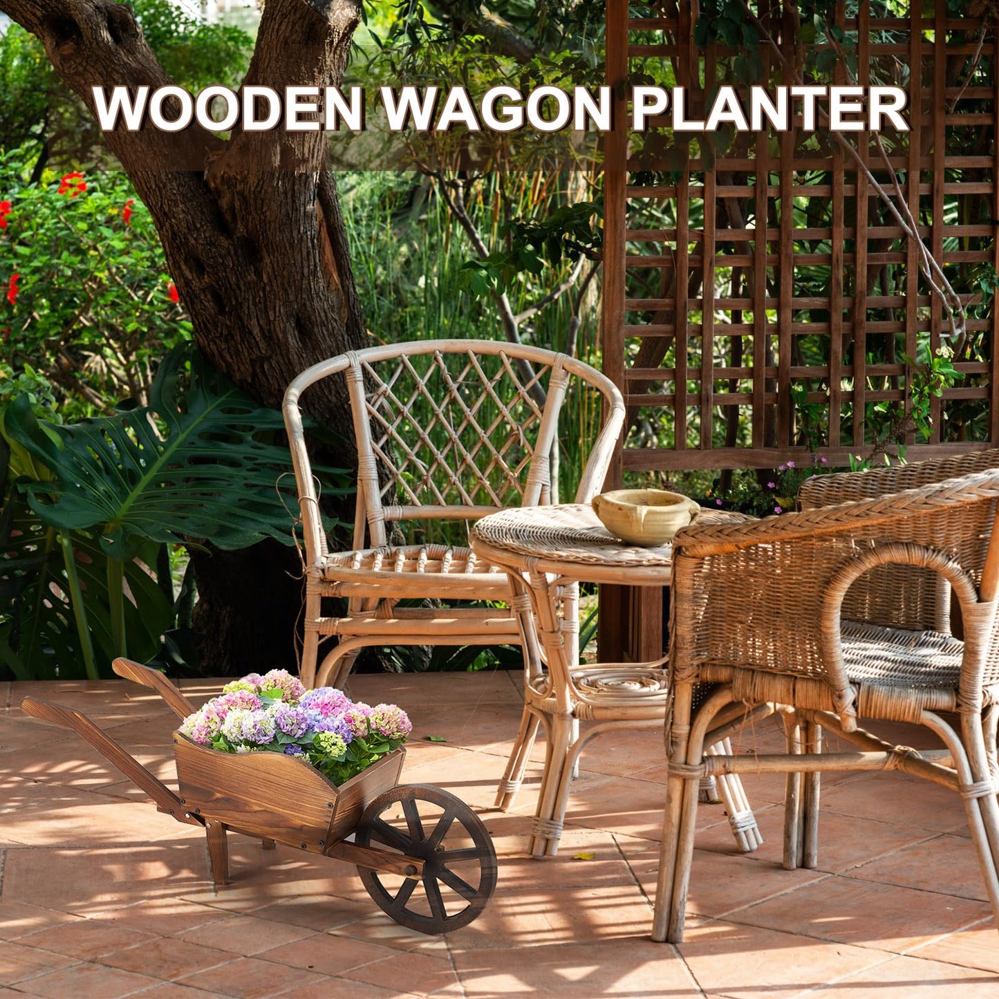 Beeveer Wooden Wagon Flower Planter Cart Garden Planter Box with Wagon Wheels Cart for Home Garden Outdoor Balcony Decorative, Patio Flowers Herbs Vegetables, Brown(Rustic)