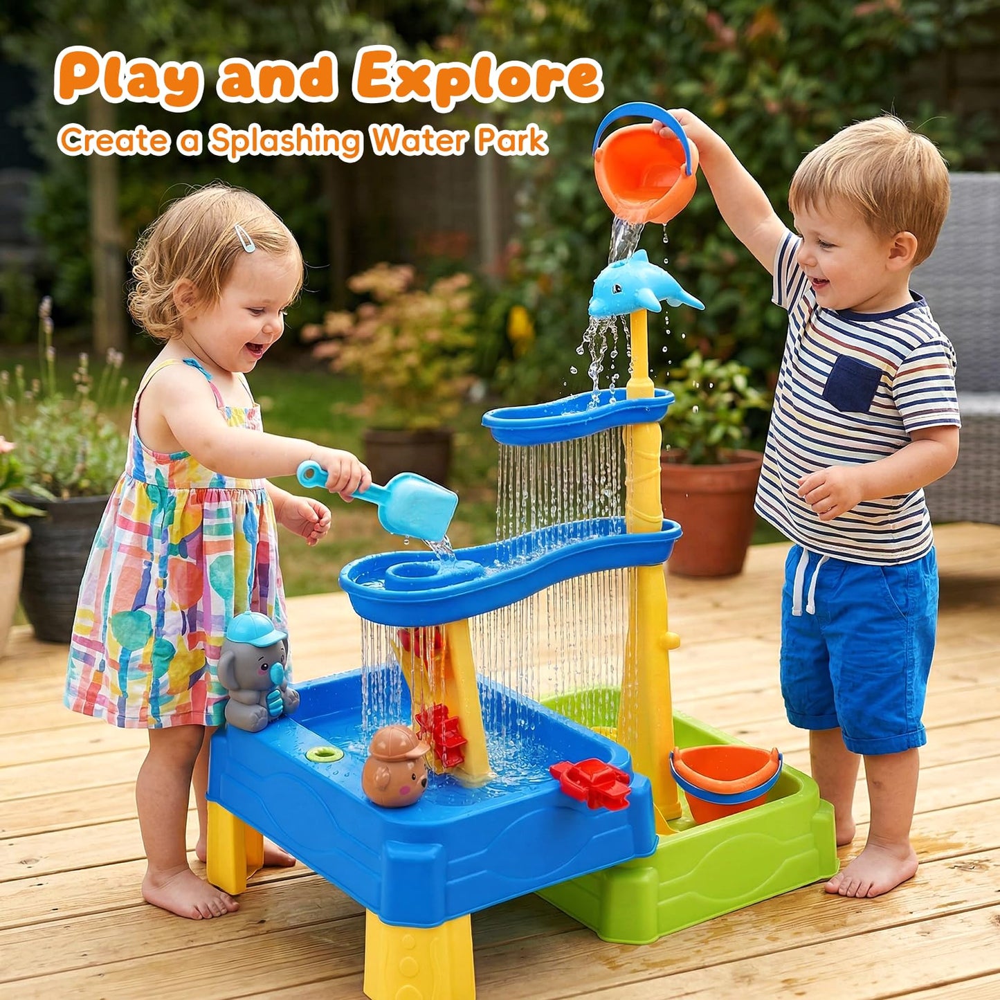 MUGEYMYD Water Table for Toddlers 3-5, Rain Showers Splash Pond Sensory Sand Playset with Umbrella, 16 PCS Accessories, Outdoor Summer Toy for Boys and Girls.