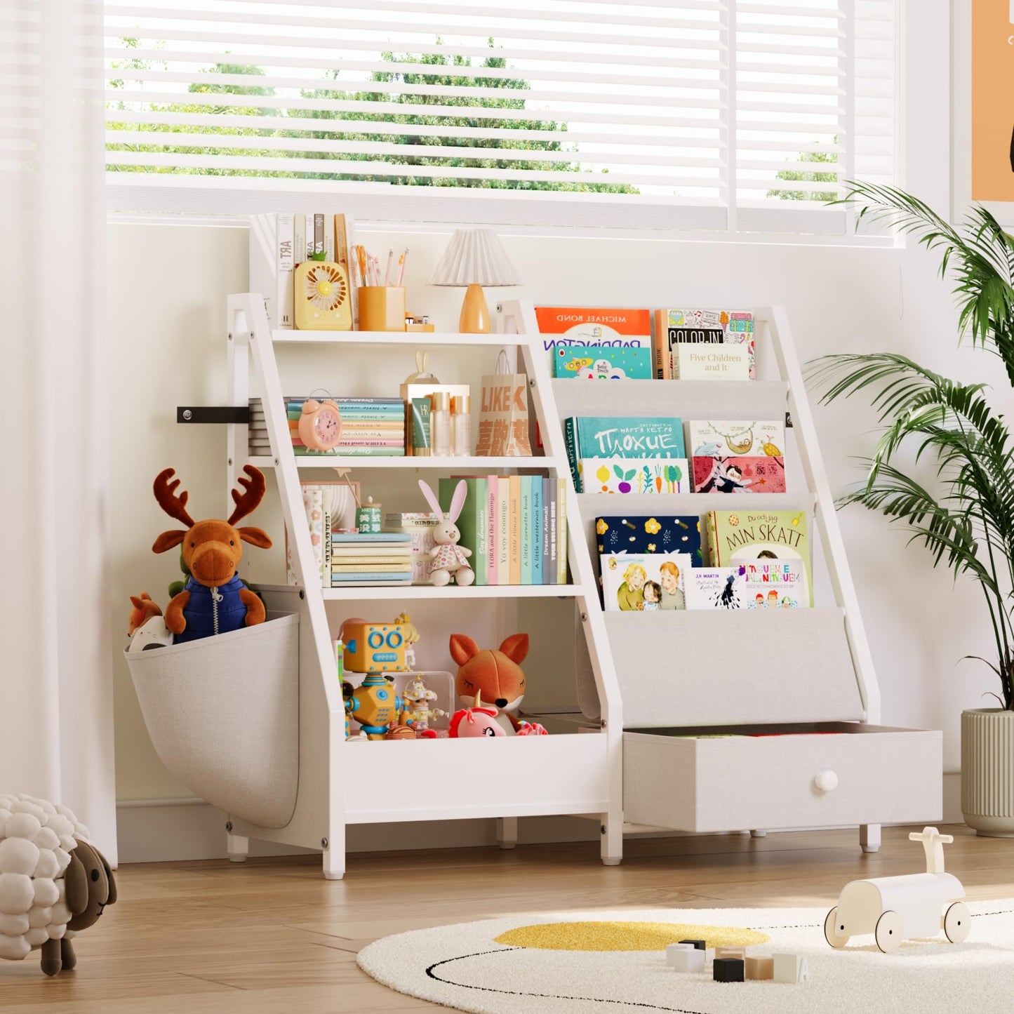 Kids Bookshelf and Toy Storage Organizer, Kids Bookcase Montessori 3 Tier Baby Toddler Sling Book Shelf with Drawer Pockets for Kids Room, Nursery, Playroom, Bedroom, White