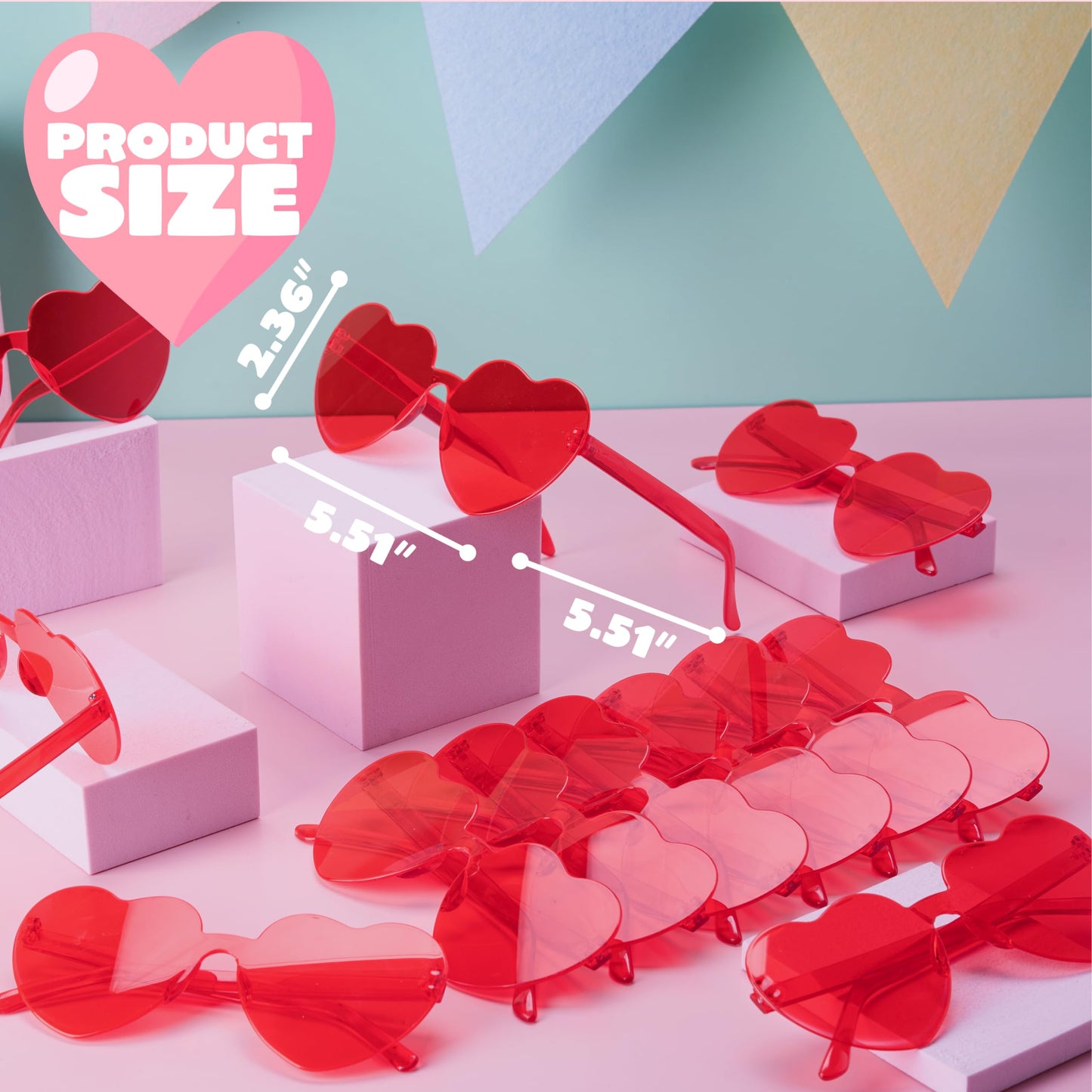 JOYIN 12 Pack Valentine Day Heart Shape Glasses, Rimless Sunglasses, Classroom Exchange Gift for Kids, Stylish and Safe Eyewear in Red, Rimless Glasses for Women and Girl, Party Favor Holiday Reward
