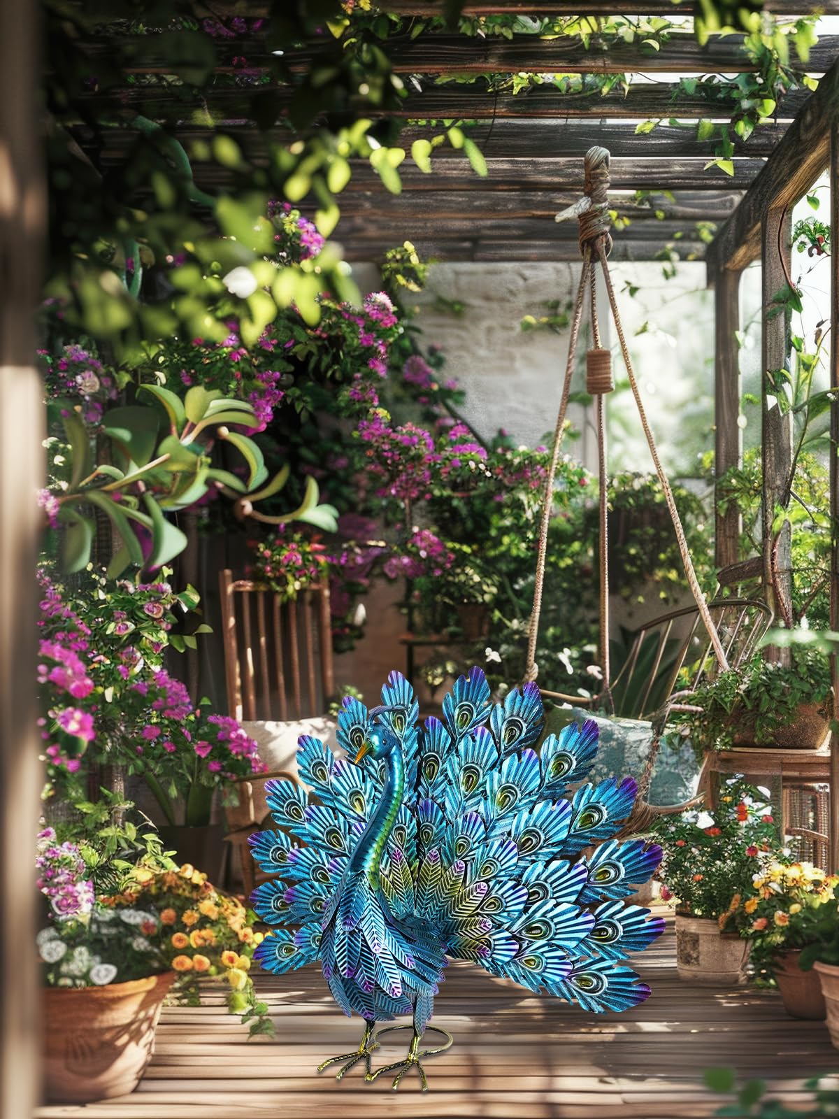 YEAHOME Garden Decor Outdoor Statues, 22.4" Large Metal Peacock Standing Yard Art, Blue Green Bird Lawn Sculptures Garden Decor for Outside Patio Porch Backyard