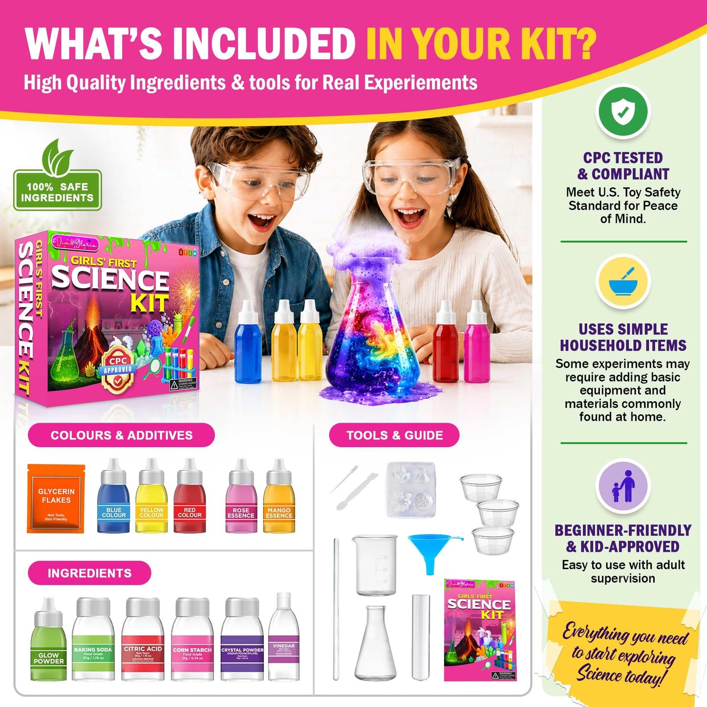 Jim&Gloria Science Kits for Kids Age 5-7 8-12 Year Old Birthday Gifts for Girls, Craft Supplies, Learning & Educational Toys, Stem Toys, Chemistry Set, Science Experiments for Kids Volcano Projects