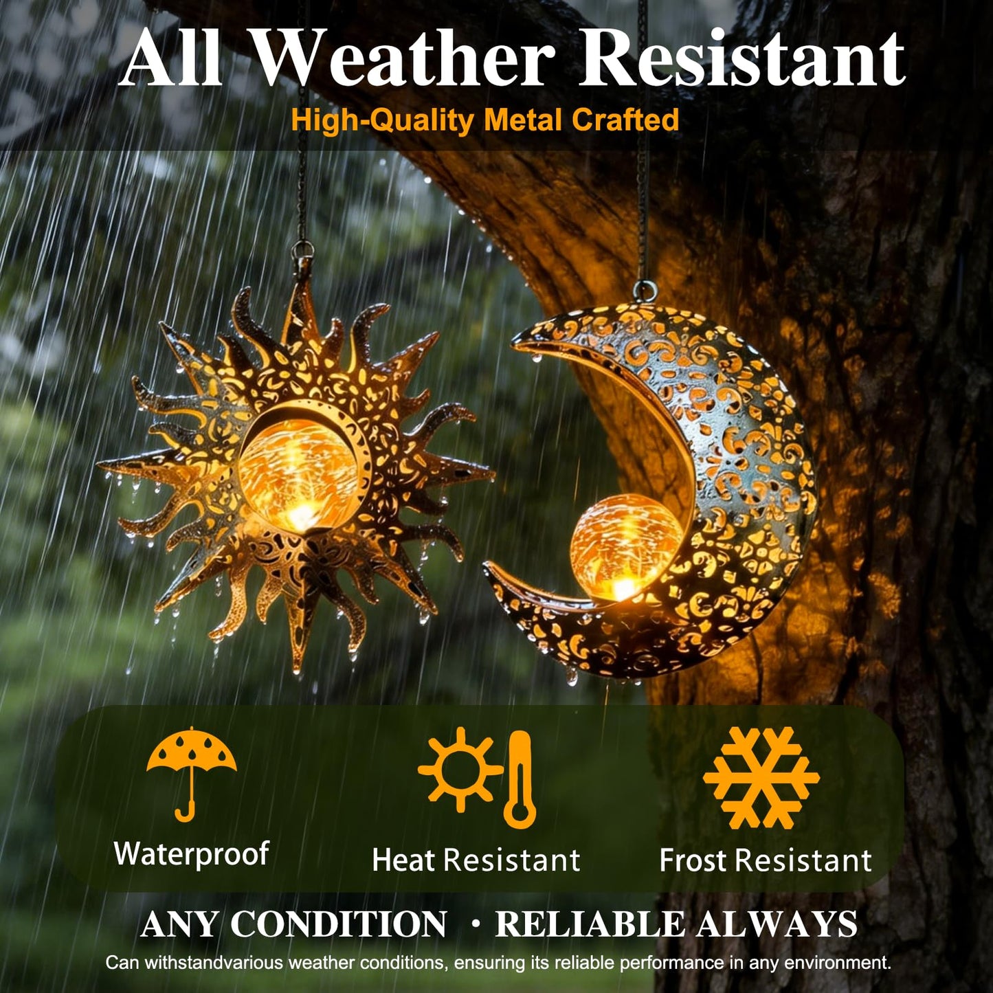 QCF Solar Hanging Sun and Moon Lights Garden Outside Decor,2 Pack Metal Lanterns Outdoor Sunflower Art Decorations for Porch Backyard Patio Wall Tree,Unique Gardening Gifts for Women Mom Grandma