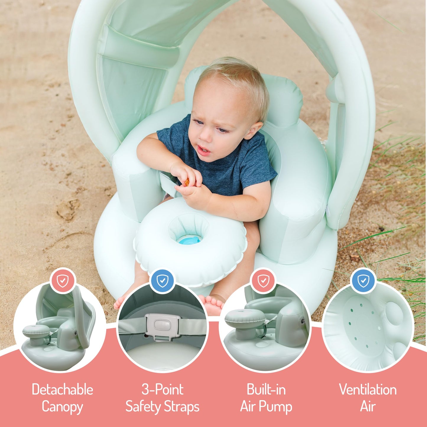Inflatable Baby Seat for 3-36 Months w/Built-in Pump & Detachable Canopy, Sit Me Up Floor Seat for Baby w/Safety Straps, Inflatable Baby Chair, Indoor/Outdoor Blow Up Chair is Ideal Summer Gift