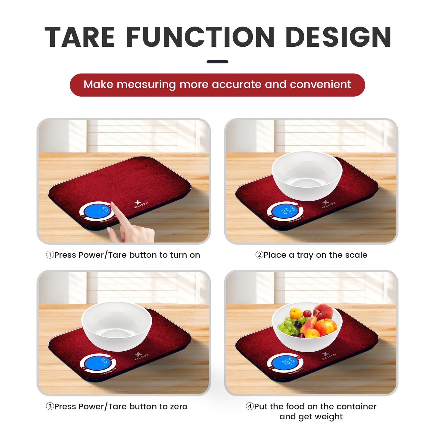 EILISON Smart Kitchen Scale with Bluetooth App, High-Precision Digital Food Scale for Baking, Cooking & Diet, 8000 Food Database, 24 Nutrients, Touchscreen, Tare Function, 5g-8000g Capacity (Red)