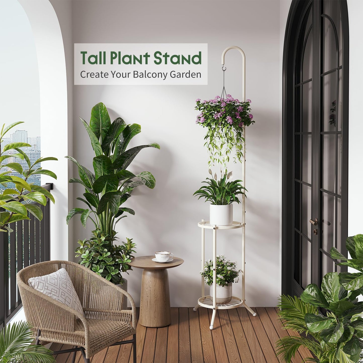 WELUKGUUD 2-Tier Hanging Plant Stand Indoor and Outdoor , Space-Saving Iron Planter Shelves, Multiple Flower Pot Display Holder Shelf with Hanging Hook, Corner Plant Stands (White)