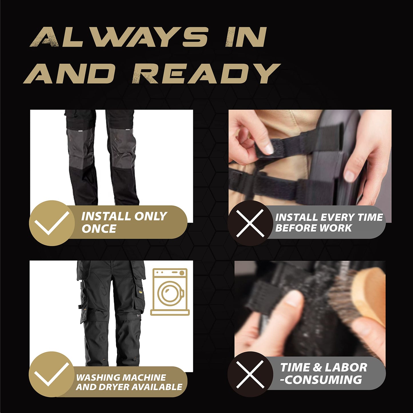 Hmyl Easy Knee Pad Insert for Work Pants/Bibs, Uniforms, and Tactical Pants, Breathable Knee Pad Inserts for Construction, Flooring, Gardening,and Garage, 11.5''×7.9''×0.45'', BLACK, 3 Pairs