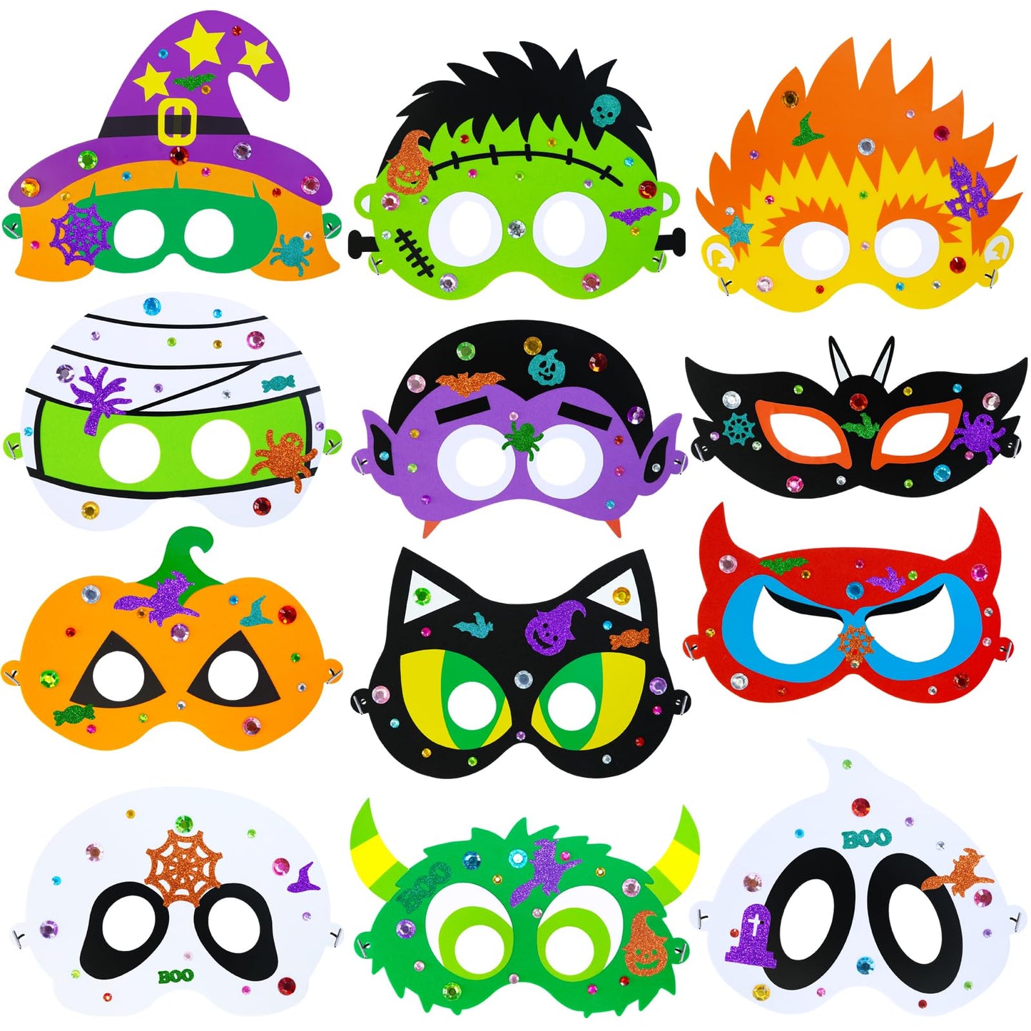 Winlyn 24 Sets Halloween Masks Craft Kits Halloween Face Masks DIY Foam Halloween Party Mask Art Sets Ghost Monster Mummy Face Stickers for Kids Classroom Activities Party Favors Treats