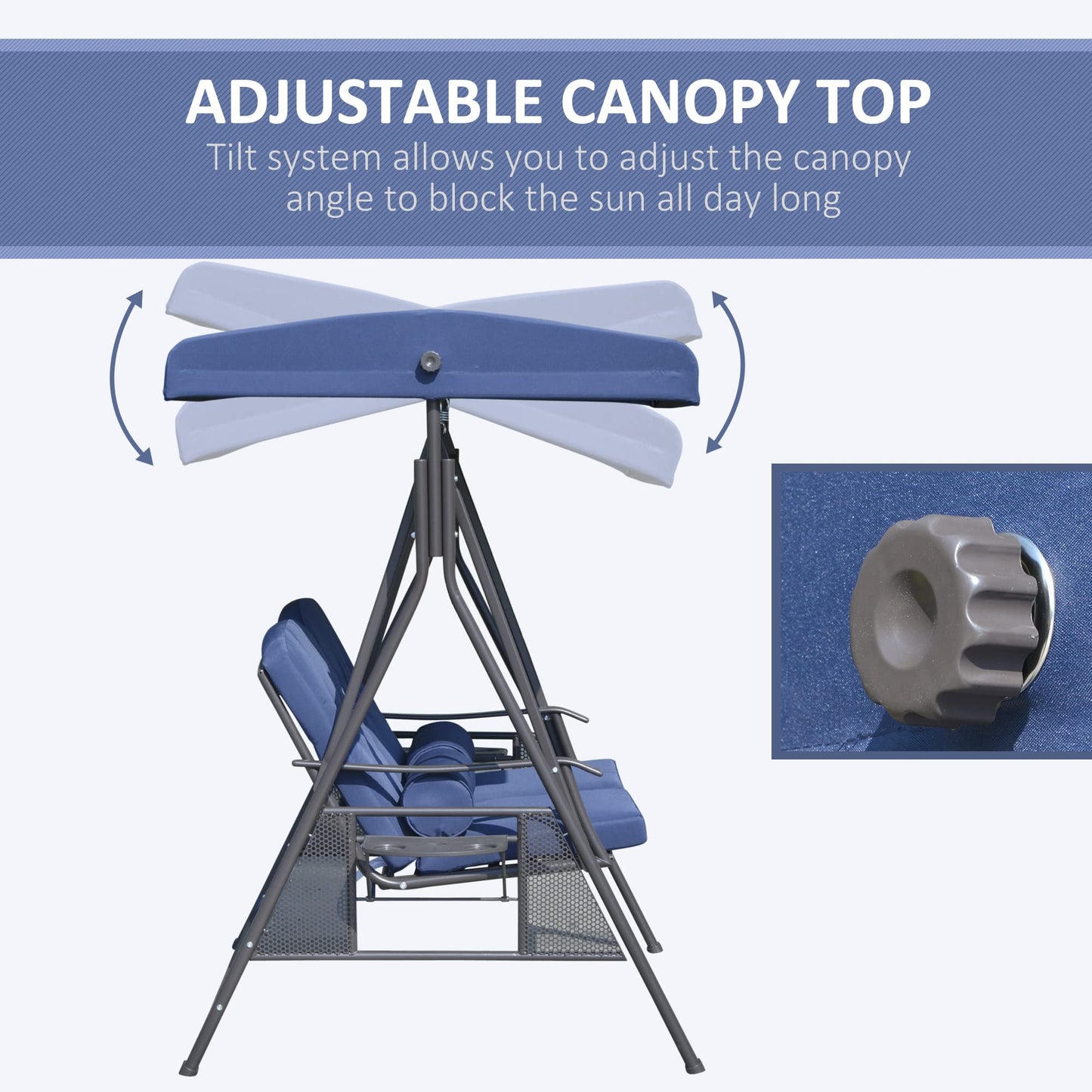 Outsunny 2-Person Patio Swing Bench with Adjustable Shade Canopy, Soft Cushions, Throw Pillows and Tray, Dark Blue