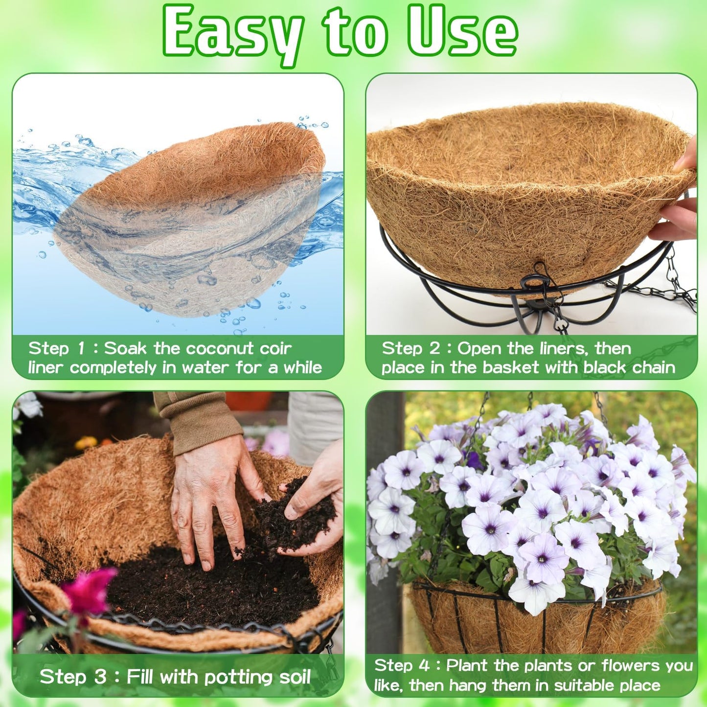 ZeeDix 3 Pack 12 Inch Outdoor Hanging Baskets, Metal Wire Hanging Planters with Coconut Liners, Round Hanging Baskets for Plants Flowers Ferns Home Garden Porch Balcony Railings Decor