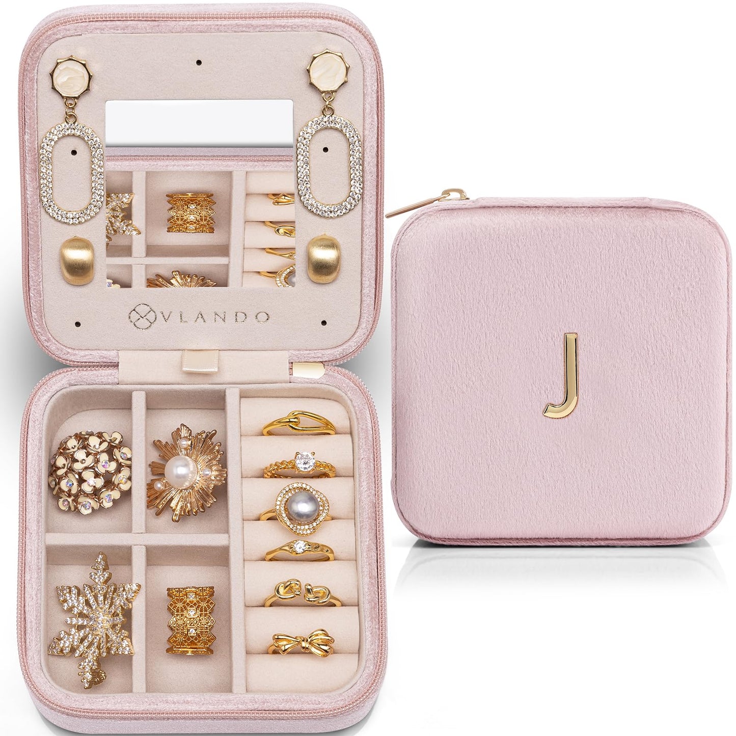 VLANDO Birthday Gifts for Women Friendship, Personalized Initial Jewelry Box, Friendship Gifts for Women Friends, Travel Essentials Small Jewelry Box, Travel Box for Girls - Letter J, Pink