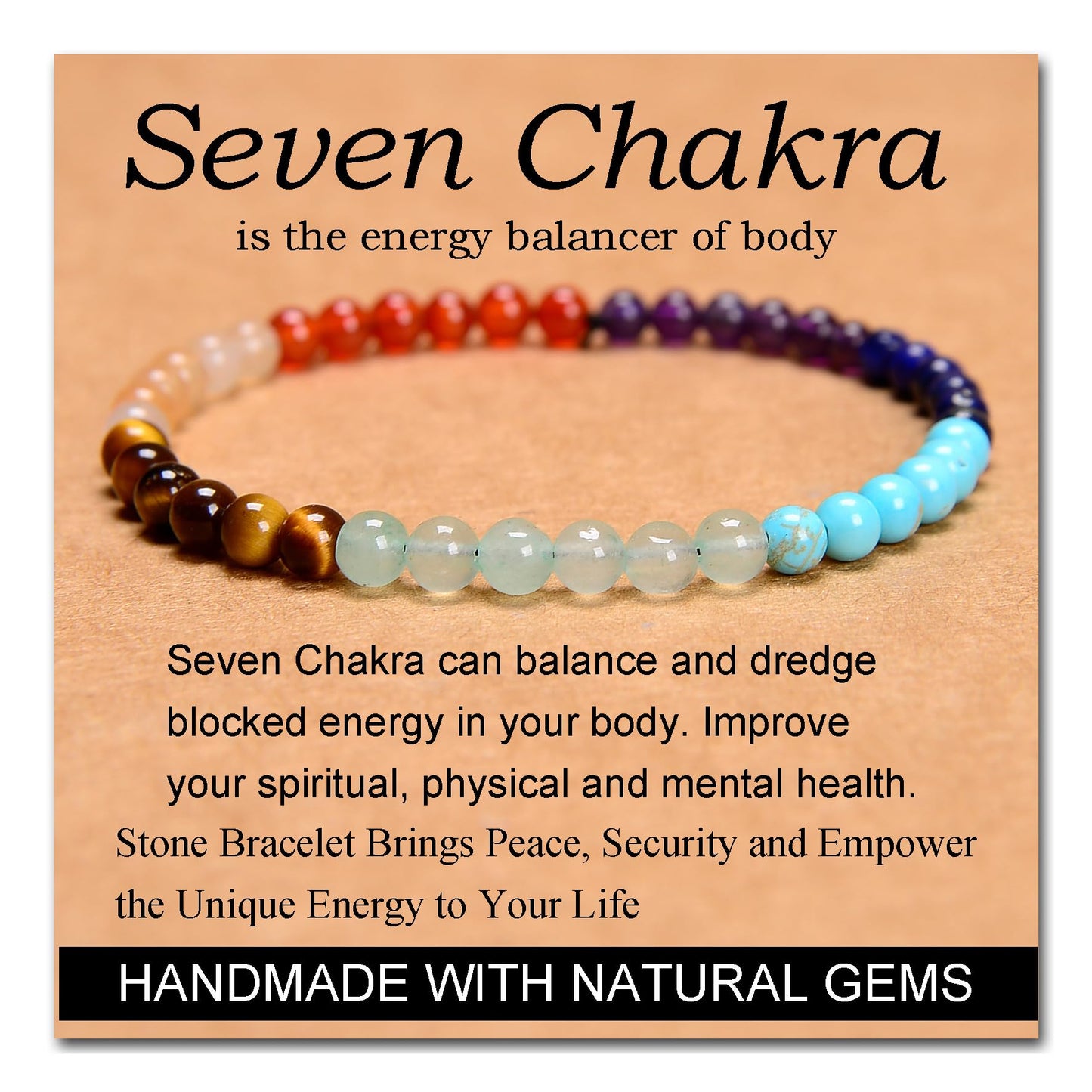 MASSIVE BEADS Seven Chakra Stones - Stone of Balance Energy - Handmade Yoga Stretch Elastic Bracelet Natural Stone Crystal Healing Power Energy Gifts for Unisex Adult 4mm