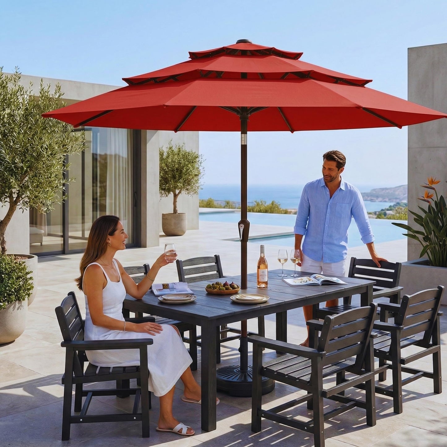 Tobeos 10ft 3 Tier Patio Umbrella, Outdoor Market Table Umbrella with UPF 50+ Vented Canopy, 8 Sturdy Ribs, Easy Push Button Tilt and Crank, Windproof for Deck, Pool, Backyard and Garden, Red