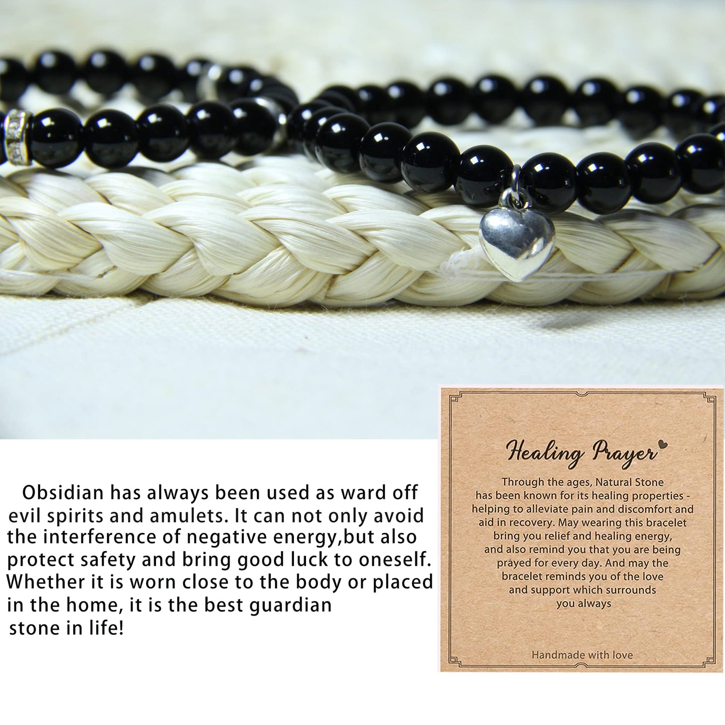 GDLKPYHS Healing Bracelets for Women - Black Obsidian Bracelet - Healing Prayers Crystal Bracelet, 8mm Natural Stone Stress Relief Yoga Beads Get Well Soon Gifts