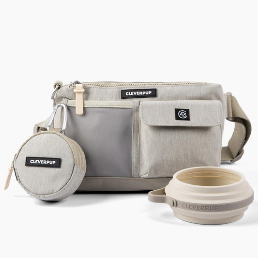 Cleverpup Dog Walk & Train Bundle - Hands Free Training Sling in Sand, Snackpack in Sand, & Small Nomad Bowl in Sand