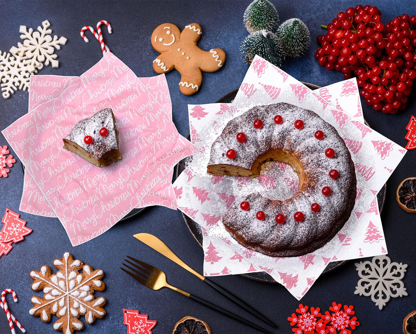JarThenaAMCS 240 Sheet Christmas Wax Paper 6 Styles Pink Xmas Tree Snowflake Snowman Food Tissue Wrapping Paper Winter Decorative Deli Paper Basket Liners for Home Kitchen Restaurant Baking,12 Inch