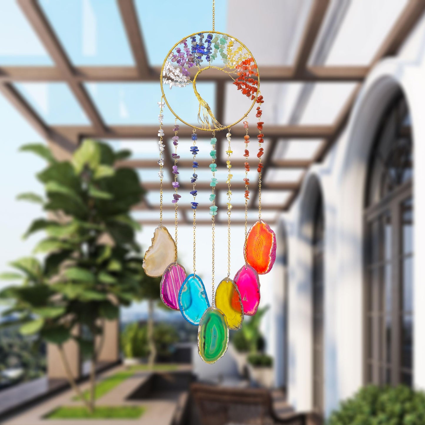 Yoption Tree of Life Agate Slice Wind Chime, Handmade 7 Chakra Healing Crystal Stone Wind Chime for Home Wall Garden Decorative Ornament, Unique Gift