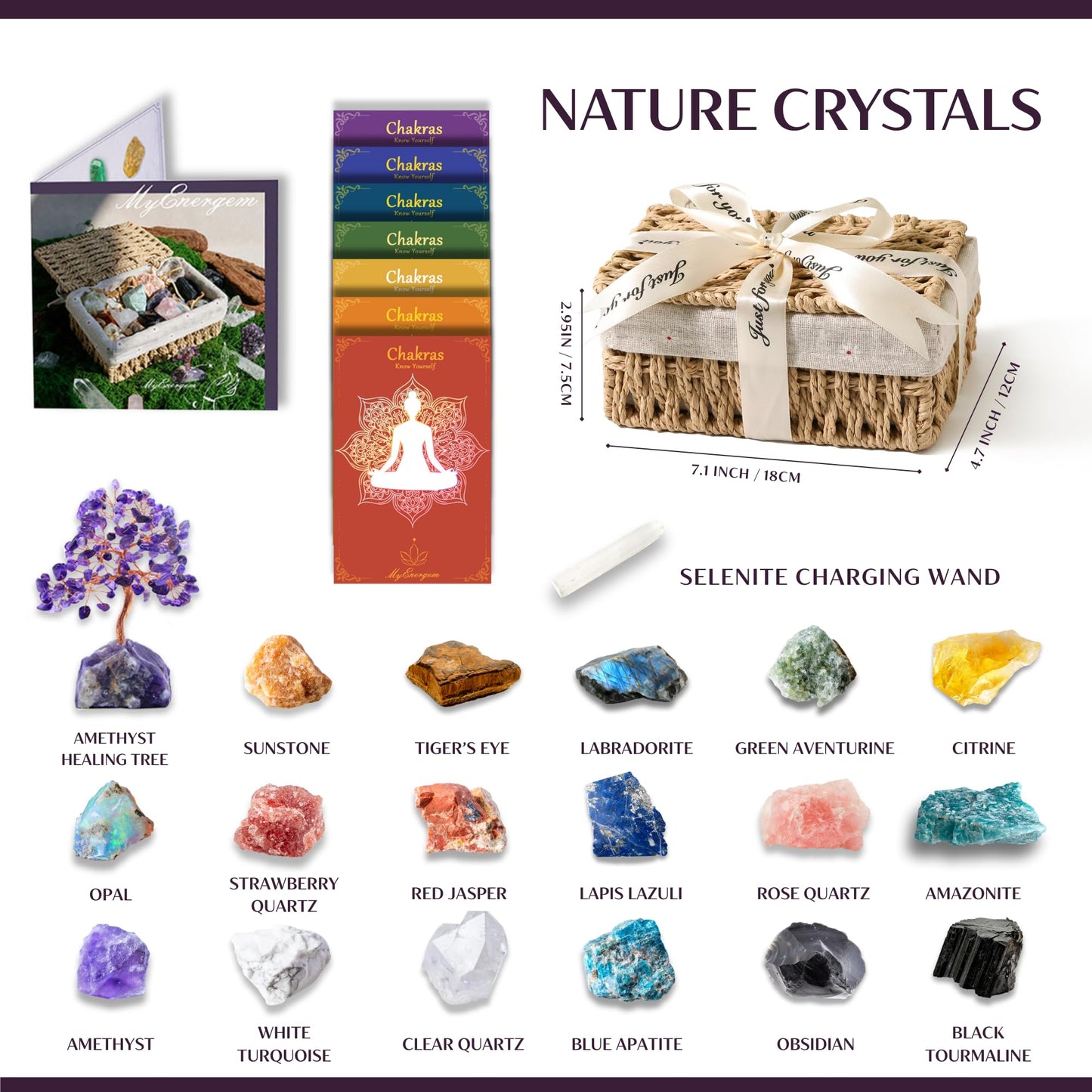 MYDAYS&DESIGN 18Pcs Crystals and Healing Stones Set in Rattan Box, 17 Raw Chakra Stones, 1 Amethyst Tree, Guide for Beginners, Meditation Yoga Home Decor, Healing Crystal Gifts for Women Mom Girl