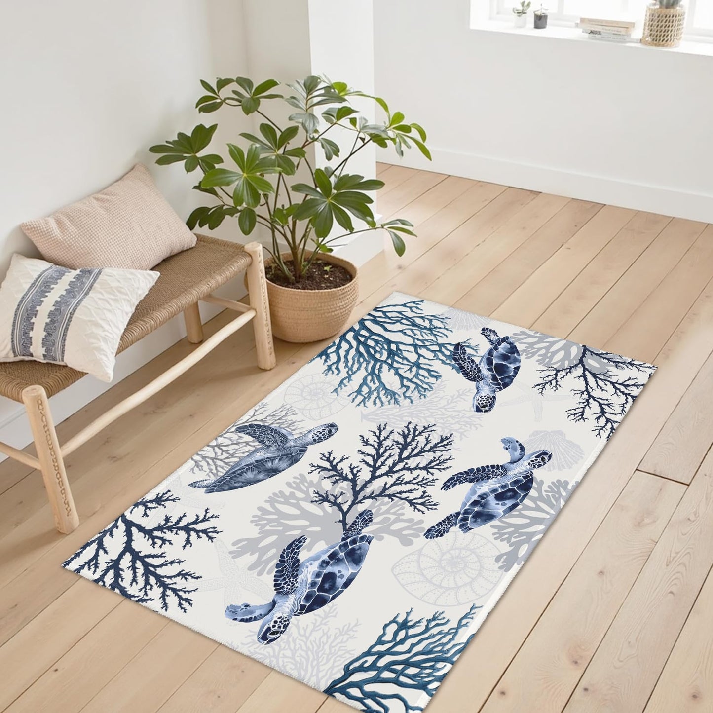 Wnoesat Summer Coastal Outdoor Door Mat 2x3 Nautical Coral Sea Turtle Entryway Area Rug Navy Blue Beach Theme Small Low Pile Front Doormat Washable Throw Rugs for Living Room Bedroom Kitchen