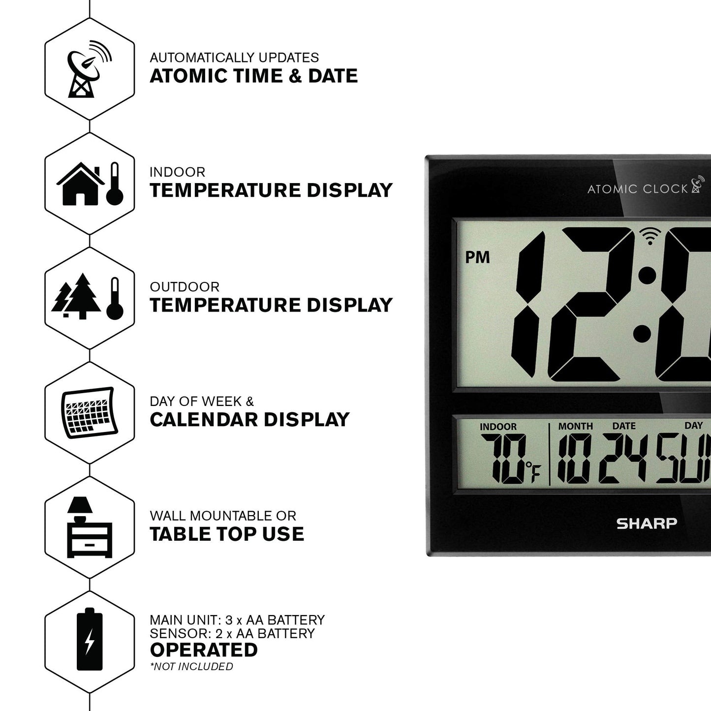 Sharp Atomic Clock – Never Needs Setting, Jumbo 3” Easy-Read Display, Indoor & Outdoor Temperature with Wireless Sensor, Large Digital Wall or Desk Clock, Battery Operated, Auto Atomic Time Sync