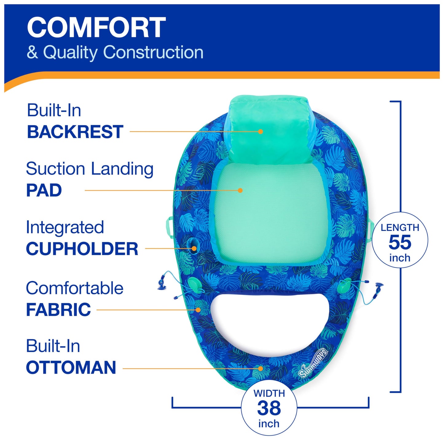 Swimways Elite Spring Float Recliner Pool Lounge Chair, Inflatable Pool Floats with Fast Inflation, Pool Recliner for Adults up to 250 lbs