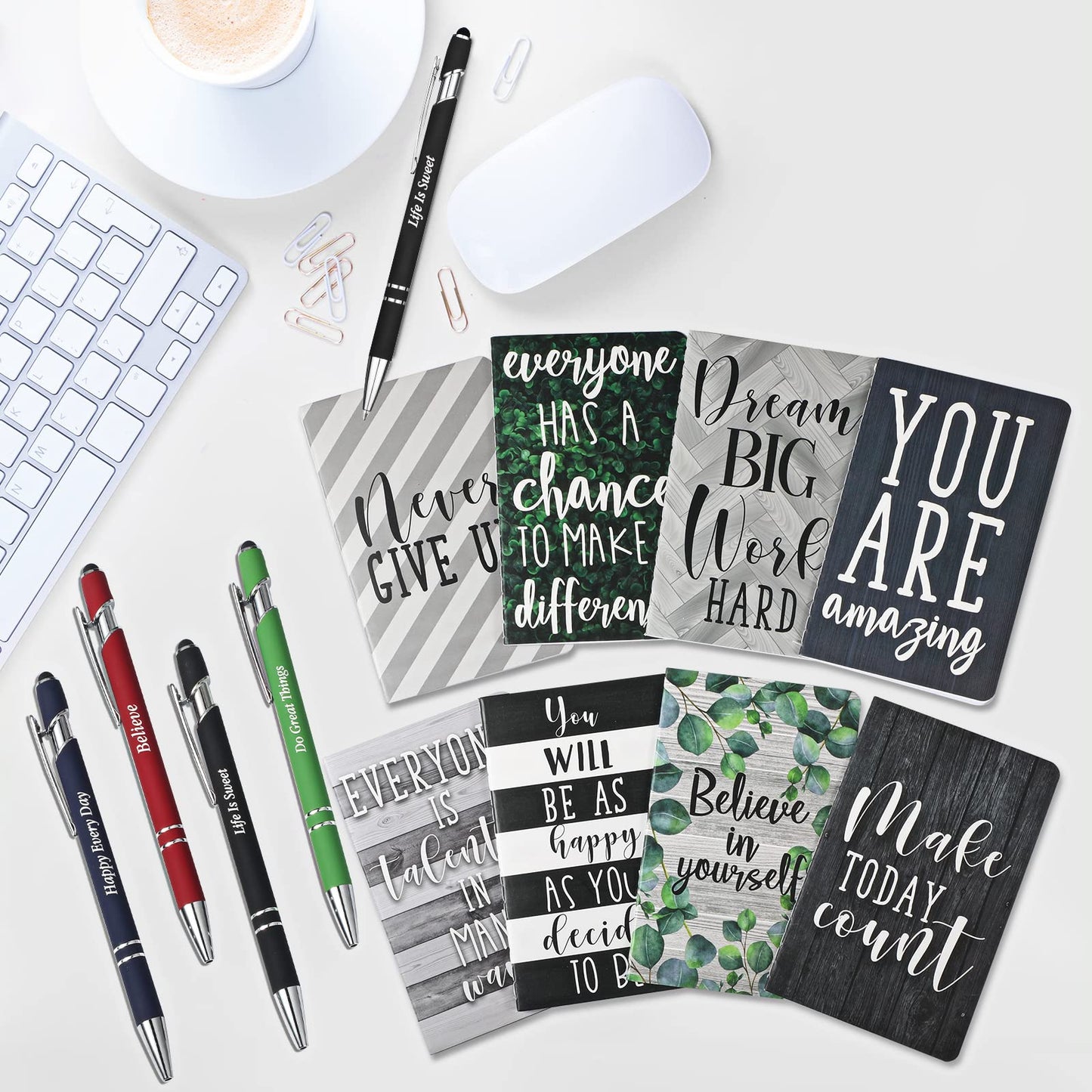 Funrous 32 Pcs Motivational Quote Pens Inspirational Notepads Mini Journal with Ballpoint Pen Small Notebooks Gift for Men Women Coworker Adult Party Favors Prize Teacher Student Office(Classic)