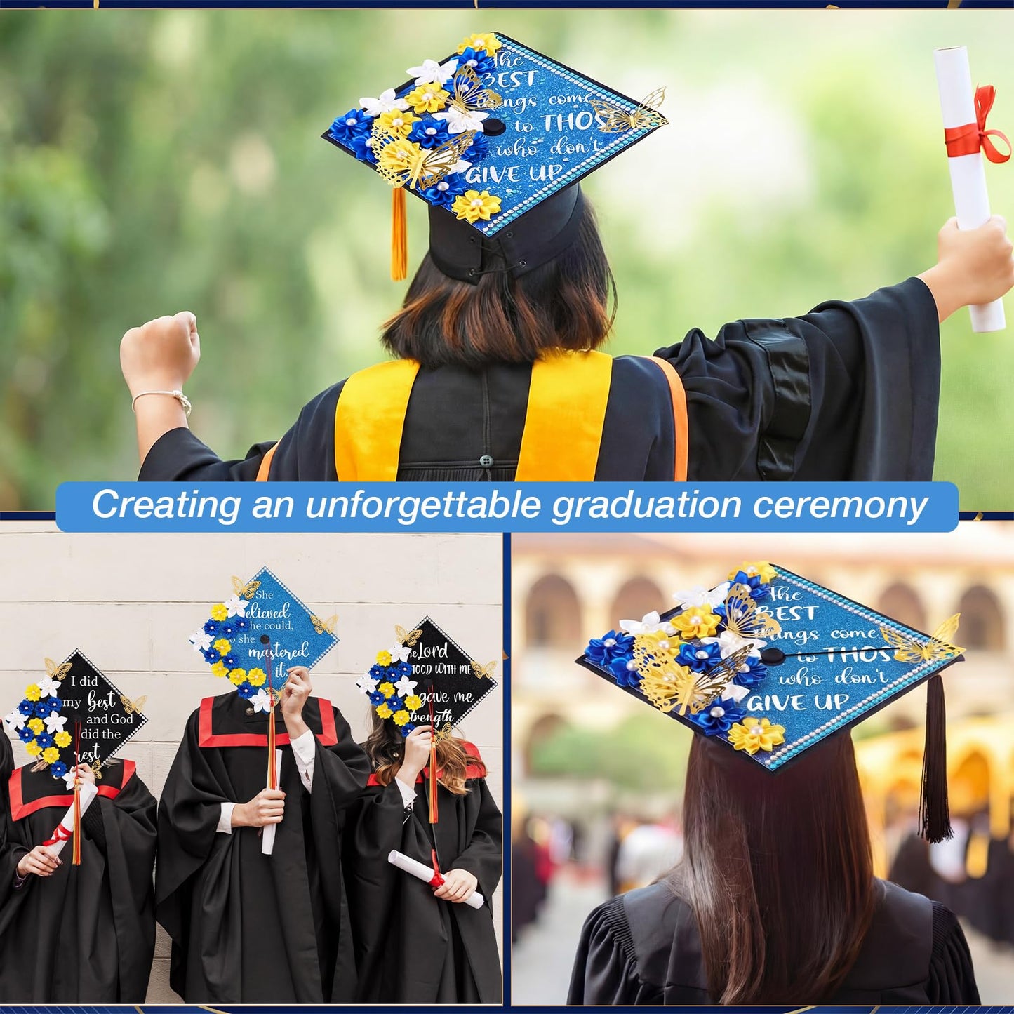 Dunzoom 36 Pcs DIY Graduation Cap Decorations Accessory Kit Artificial Flowers Inspirational Cardstock 3D Butterfly Stickers Rhinestone Stickers for DIY Hat Grad Cap Topper Graduation Party(Blue)