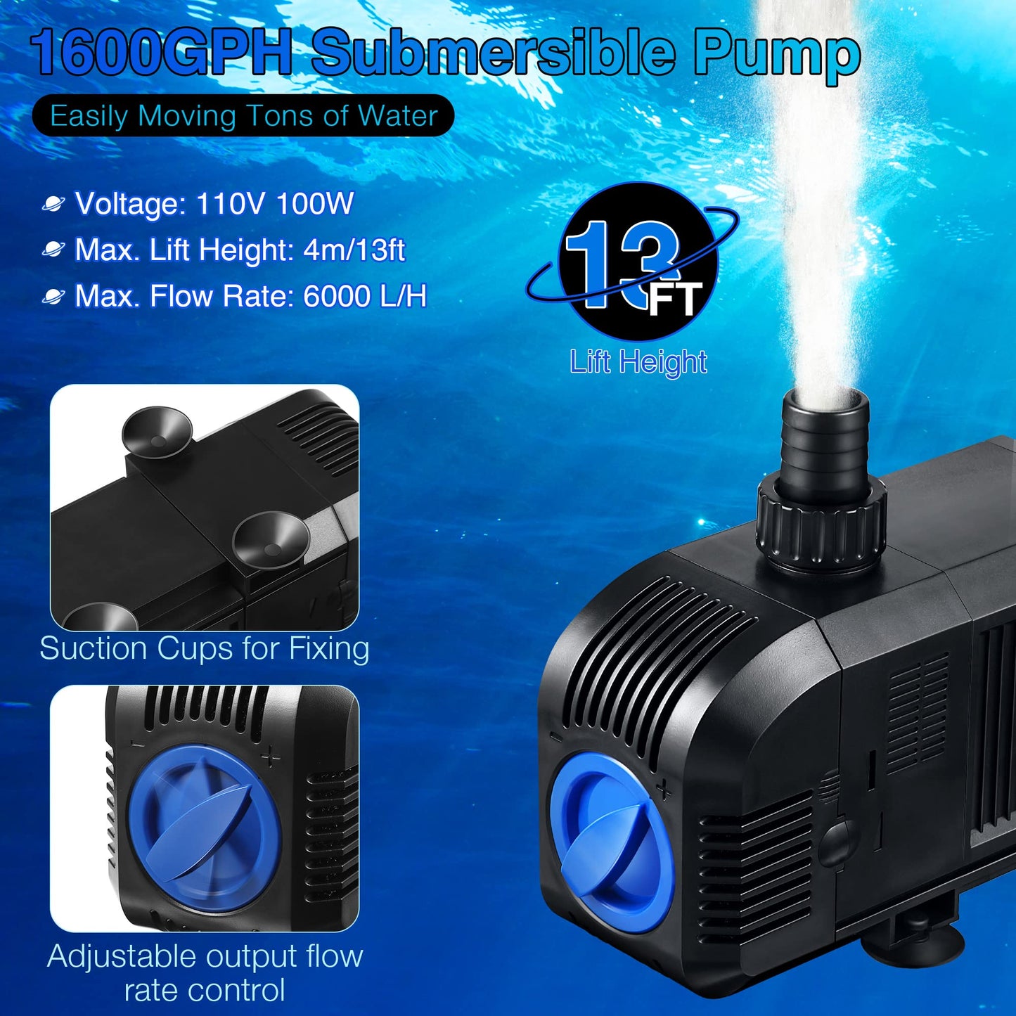 1600GPH Submersible Water Pump, 100W Electric Waterfall Water Fountain Pump, Pond Pump Kit for Garden Pool Fish Aquarium Tank