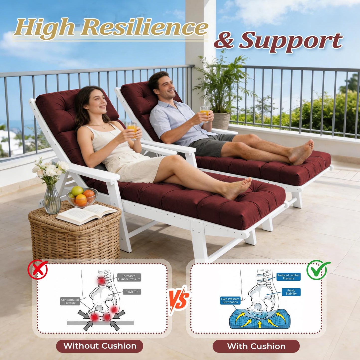 PALHMLIY Outdoor Chaise Lounge Cushion Waterproof, 74.4x22x4.7 Inch Oxford Fabric Thickened Patio Lounge Chair Cushion with Ties, Cotton Filled Replacement Cushion for Pool Lawn Balcony Furniture,Red