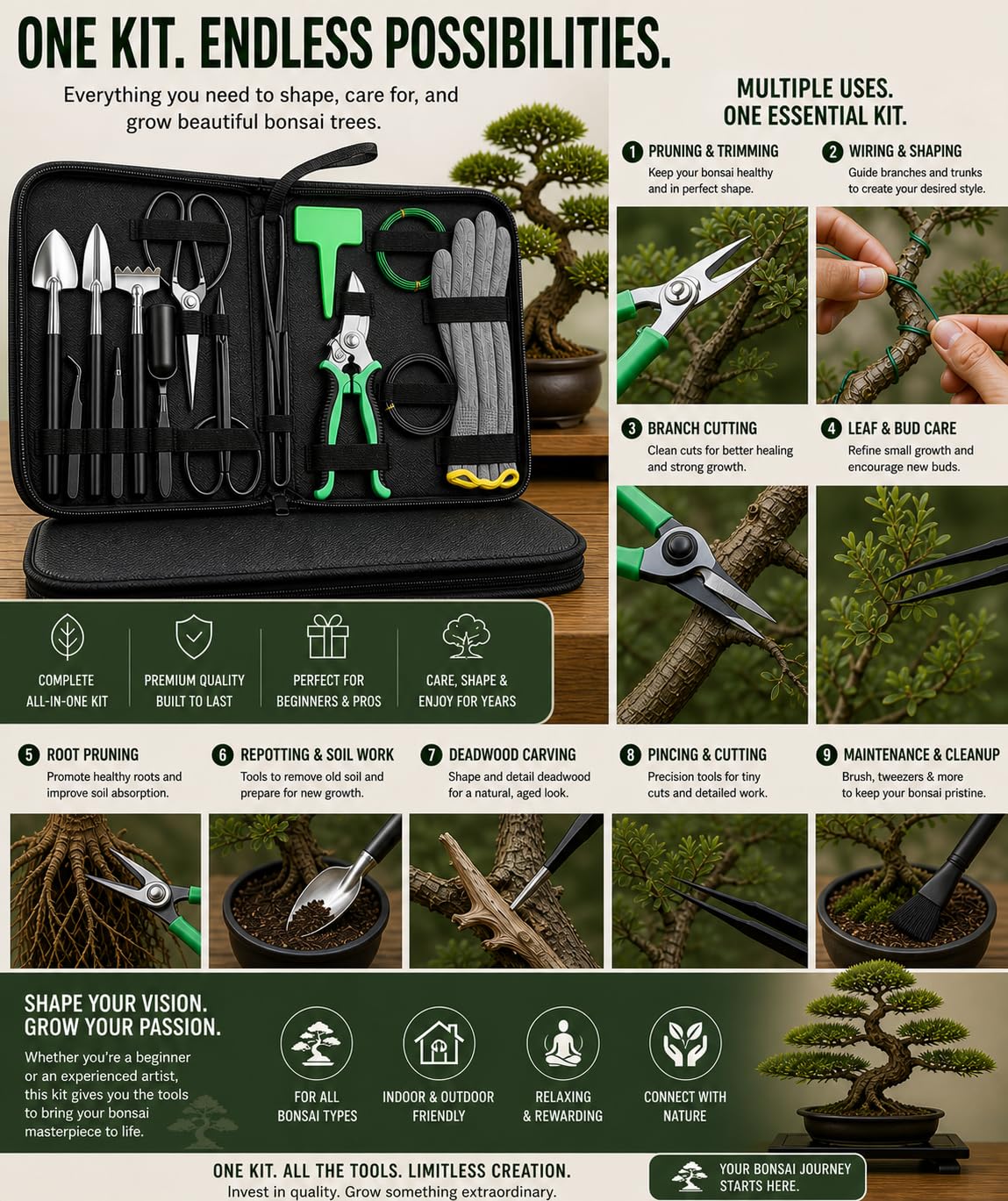 Bonsai Tools Kit - Bonsai Tree Tools Set with 24 Accessories, Bonsai Wire, Pruning and Trimming Tools for Beginners and Adults, Complete Bonsai Care and Starter Kit