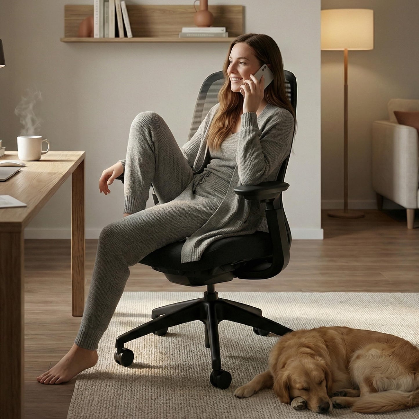 COLAMY Aether Executive Office Chair for Long Hours, One-Touch Easy Adjust Managerial Desk Chair with Levitating Seat Cushion & Pilot-Level Sync Armrests, 300 LBS Mid Back Mesh Computer Chair,Black