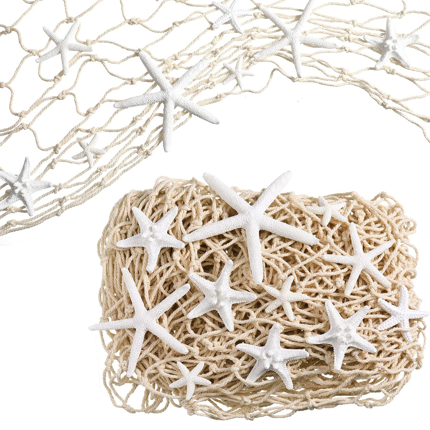 21 Pieces Starfish Ornament Sets Starfish Decor Fish Net Sea Wall Decor Fishnet Nautical Decoration for Crafts Beach Wedding Mermaid Party Under The Sea Party Decorations(White)