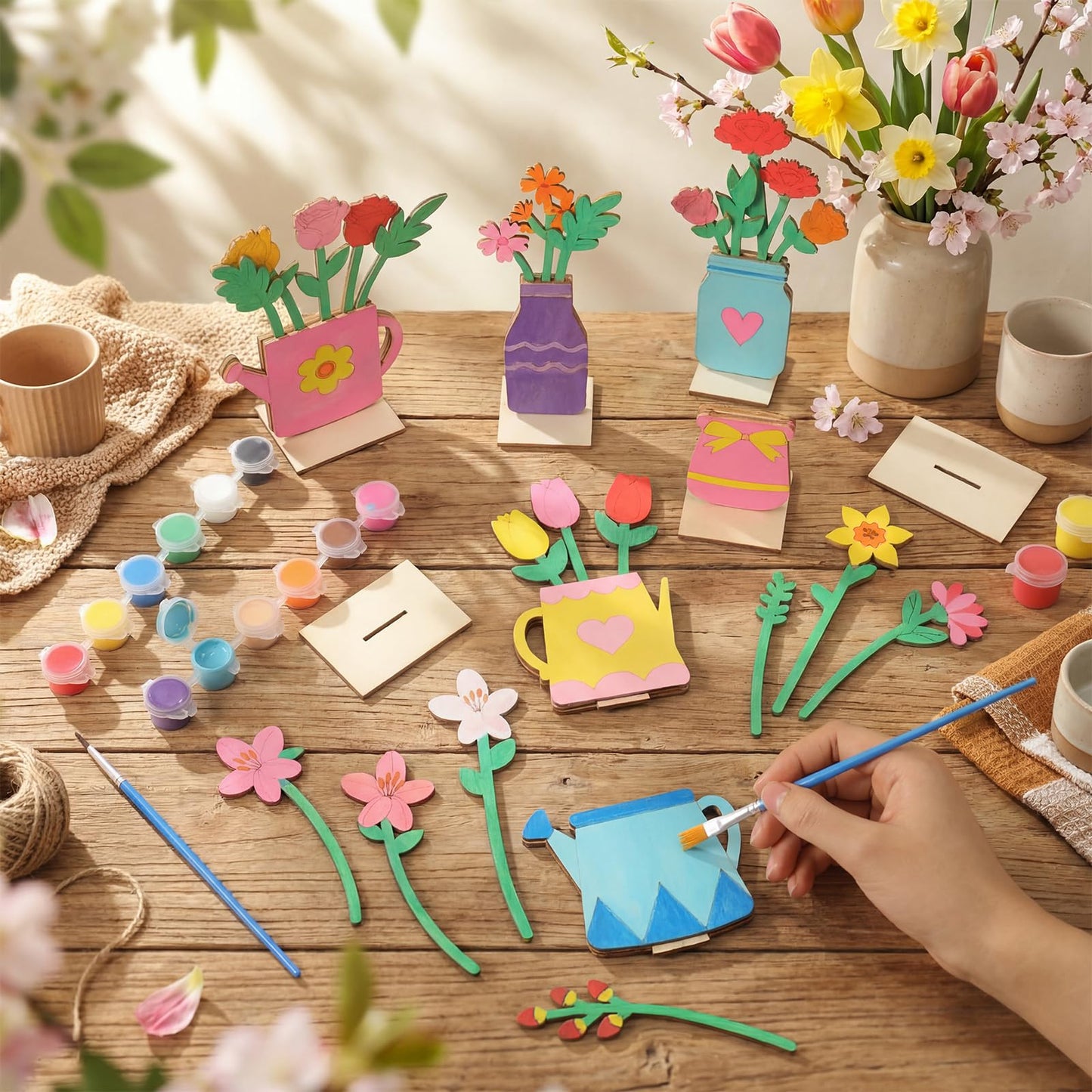 DoubleFill 34 Pcs Wooden Flowers DIY Craft Kit Self Standing Wood Spring Crafts Unfinished Wood Flower Slices Spring Flower Ornament to Paint Cute Tabletop Decor for Party Gift Activities Art Project